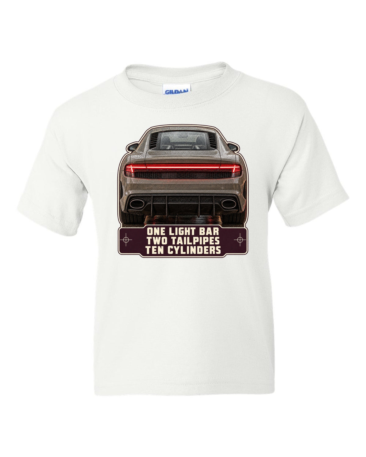 Audi R8 V10 performance rear taillight macro print design white kids tee front view with the design