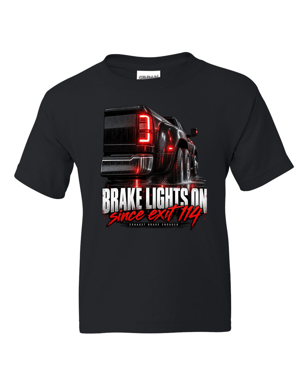 Taillight macro print of a 2019-2024 Ram HD 3500 dually with brake lights lit black kids tee front view with the design