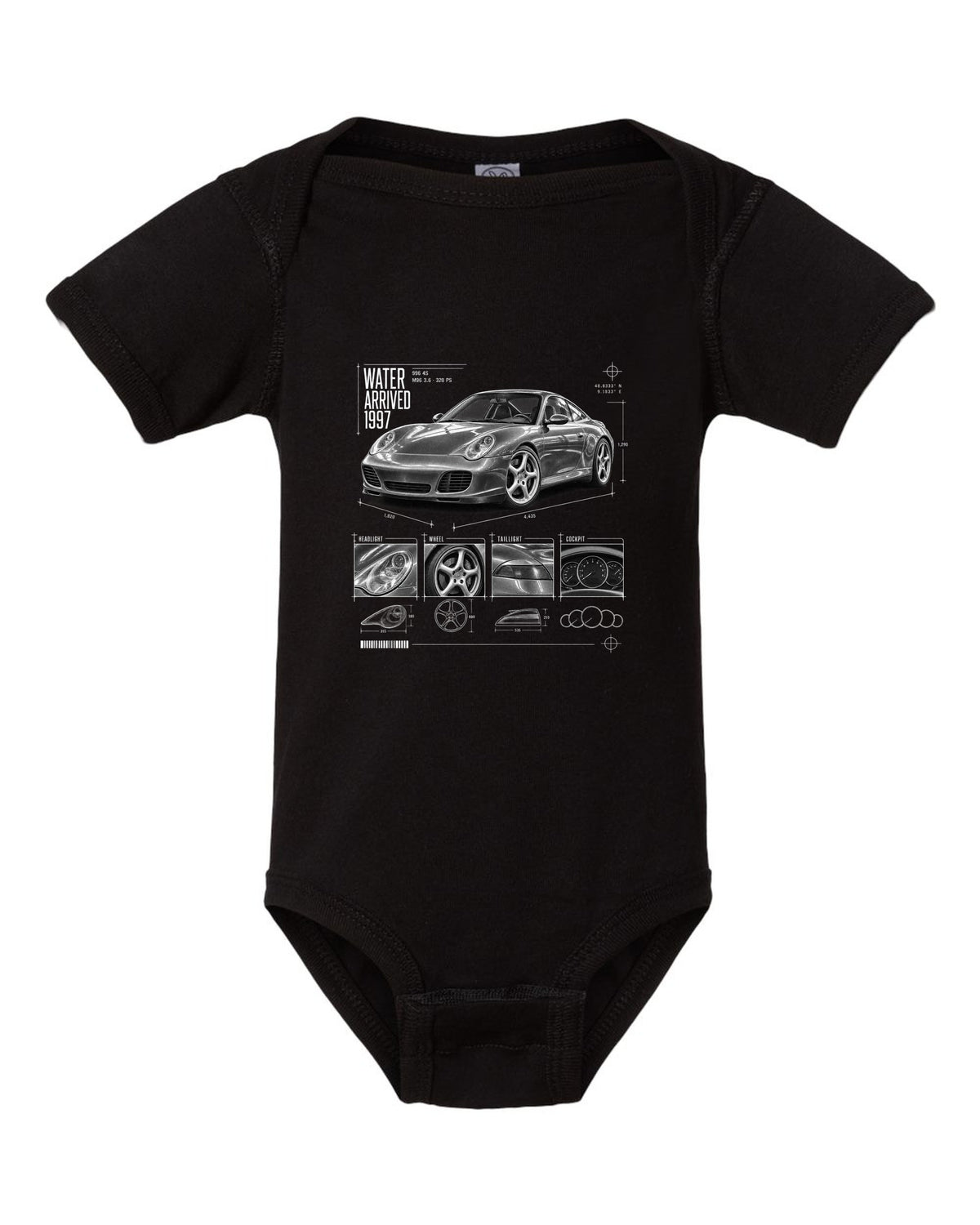 Dossier panel print of a Porsche 911 Carrera 4S (996) with the heading Water Arrived 1997 black baby onesie front view with the design