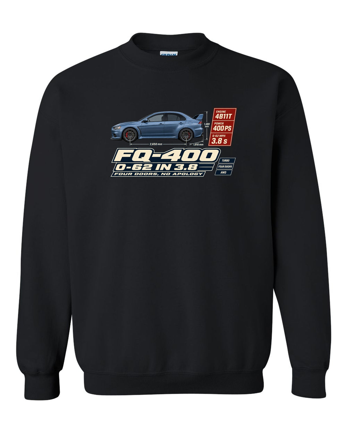 Evo X FQ-400 Spec Poster Tee, 0-62 in 3.8, Four Doors black crewneck front view with the design