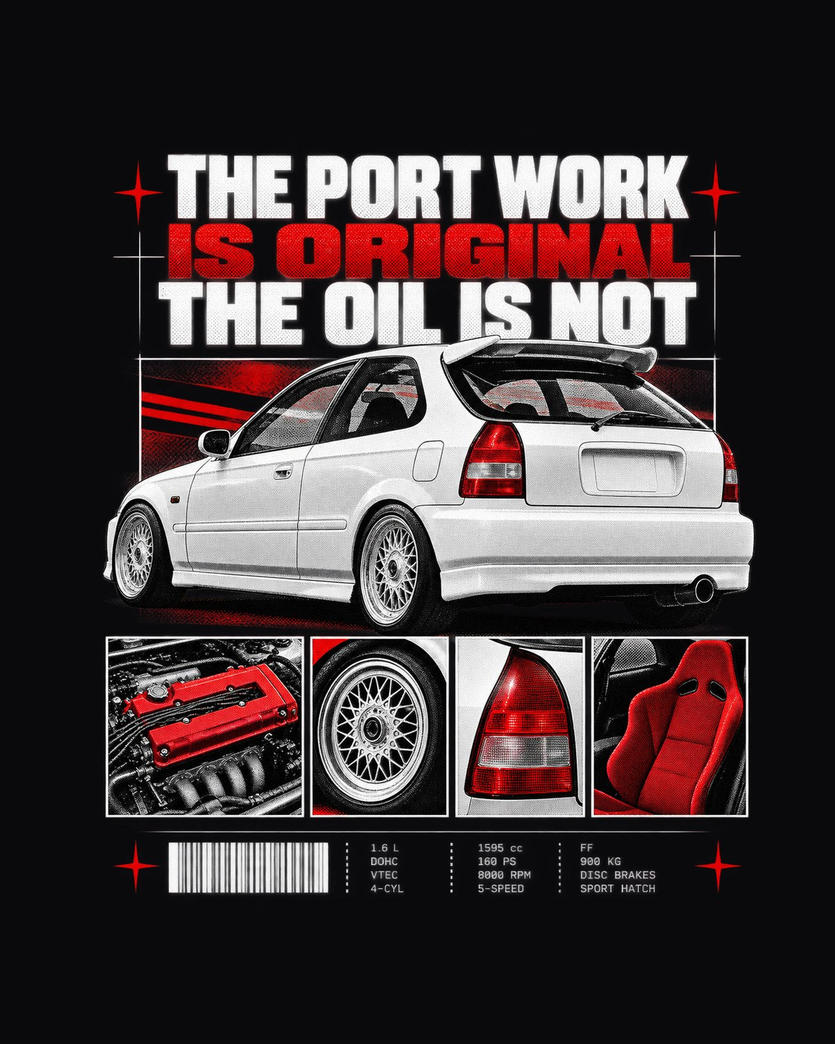 Honda Civic EK9 Spec Sheet Dossier Shirt, Port Work Is Original design only