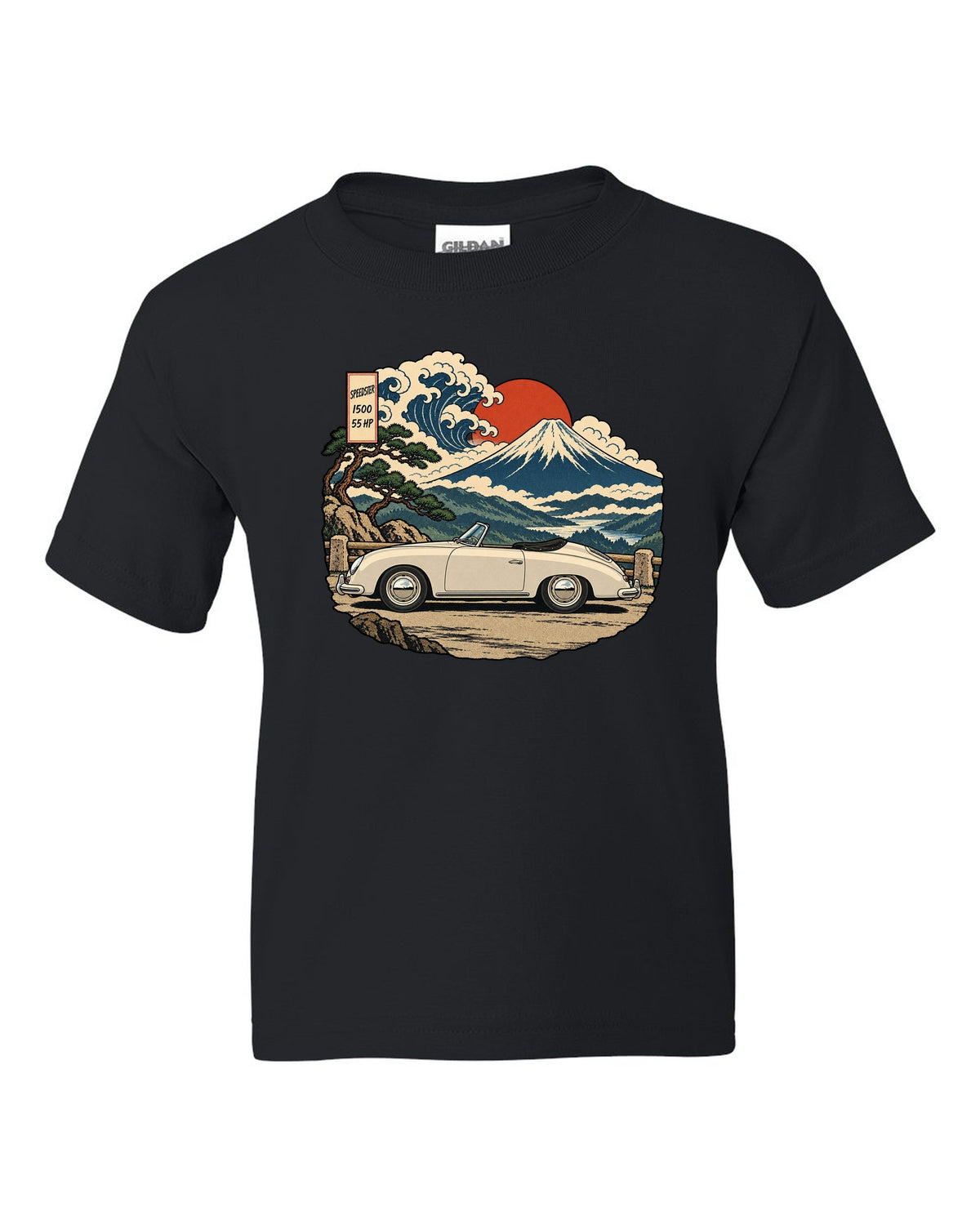 Ukiyo-e woodblock style Porsche 356 Pre-A Speedster on a mountain pass black kids tee front view with the design