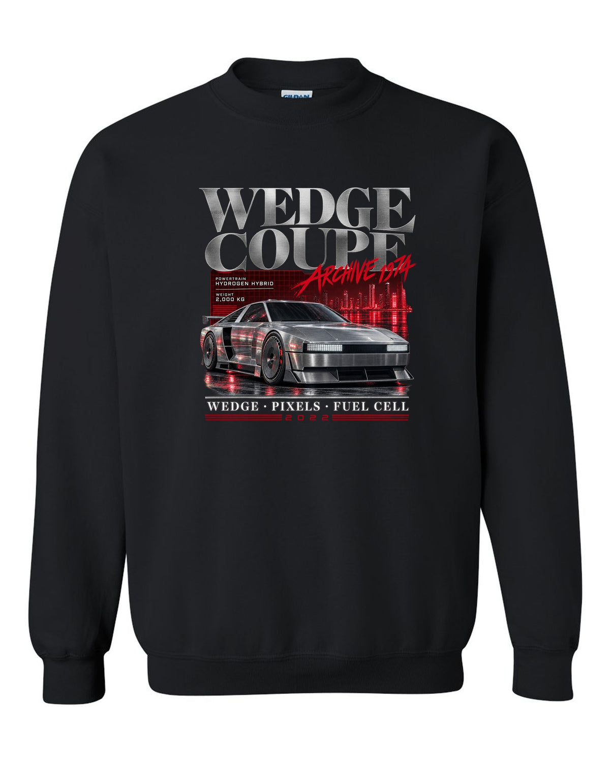 Hyundai N Vision 74 archive panel print with wedge coupe and hydrogen hybrid text black crewneck front view with the design
