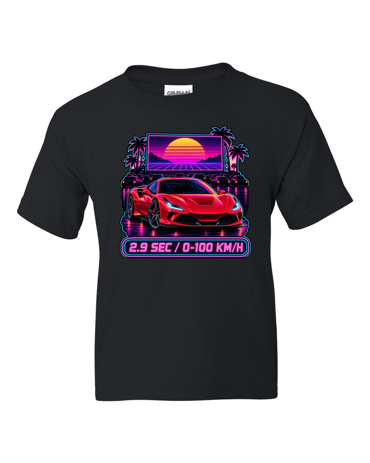 Synthwave outrun drive-in scene with Ferrari F8 Tributo and 2.9 sec text black kids tee front view with the design