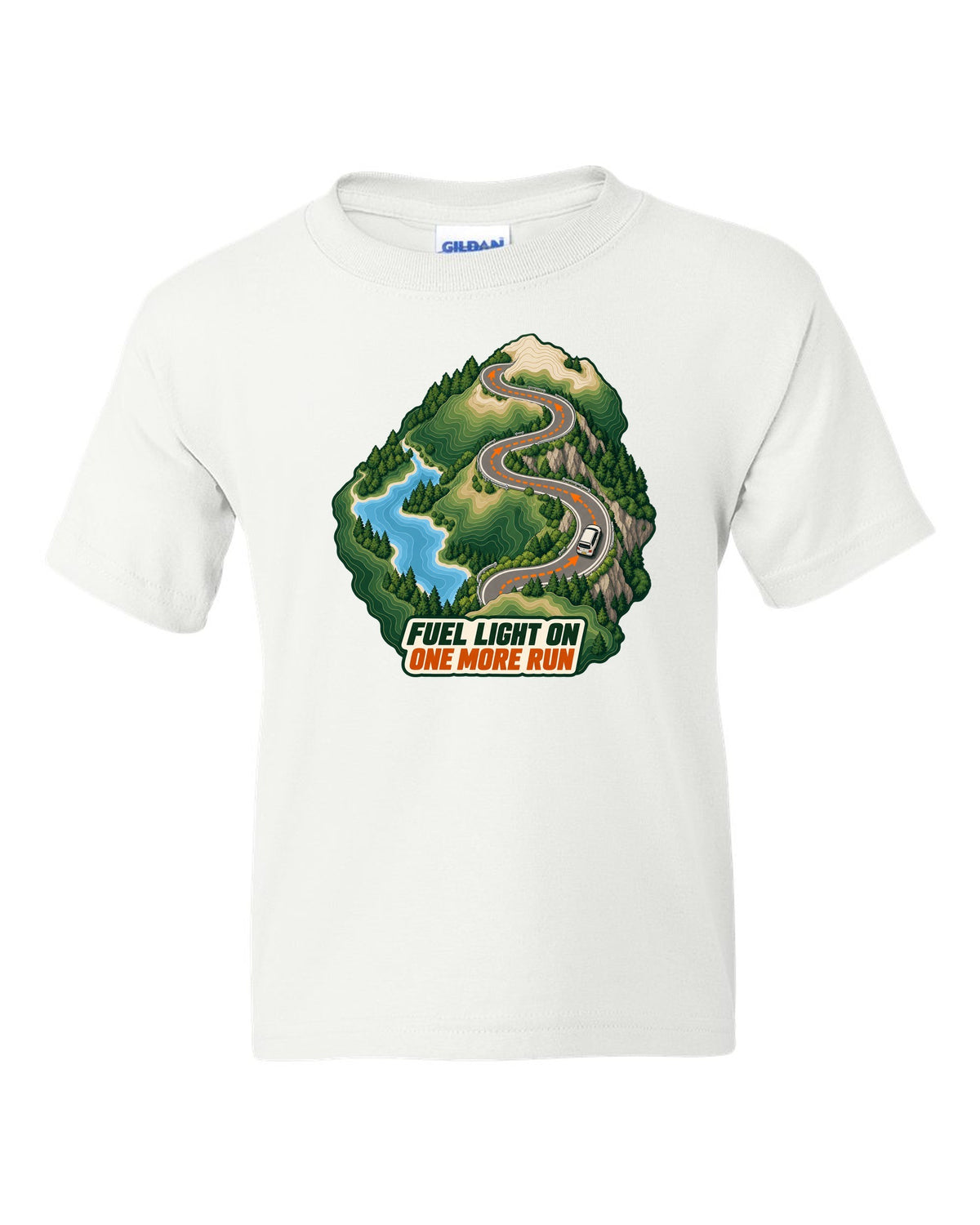 Topographic route map print of a Toyota Corolla Levin AE86 with Fuel Light On lettering white kids tee front view with the design
