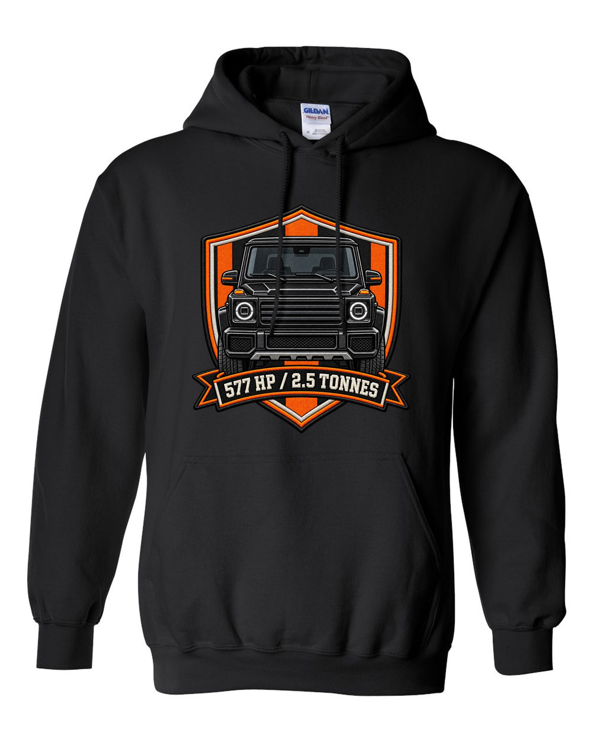Ukiyo-e woodblock wave graphic with a boxy Mercedes G-Class W463, print black pull over hoodie front view with the design