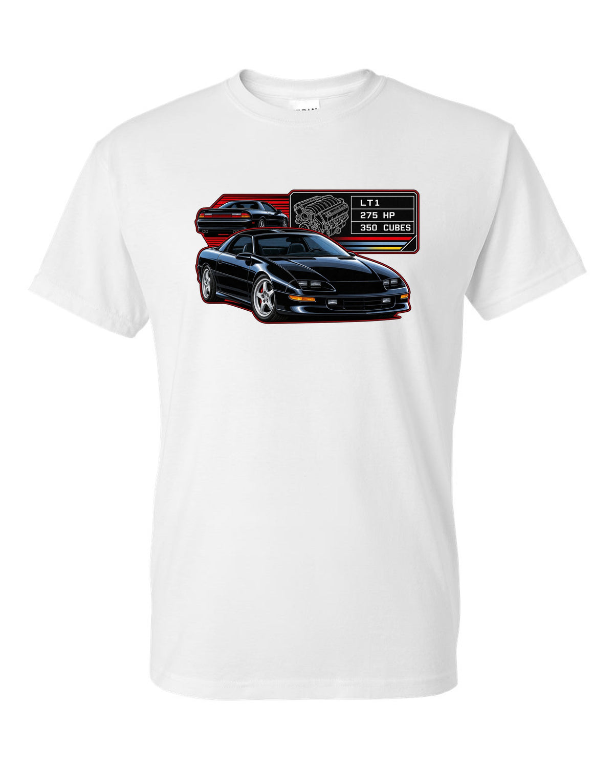 1993 Camaro Z28 fourth-generation spec plate design with the text LT1 275 HP 350 Cubes white t-shirt front view with the design