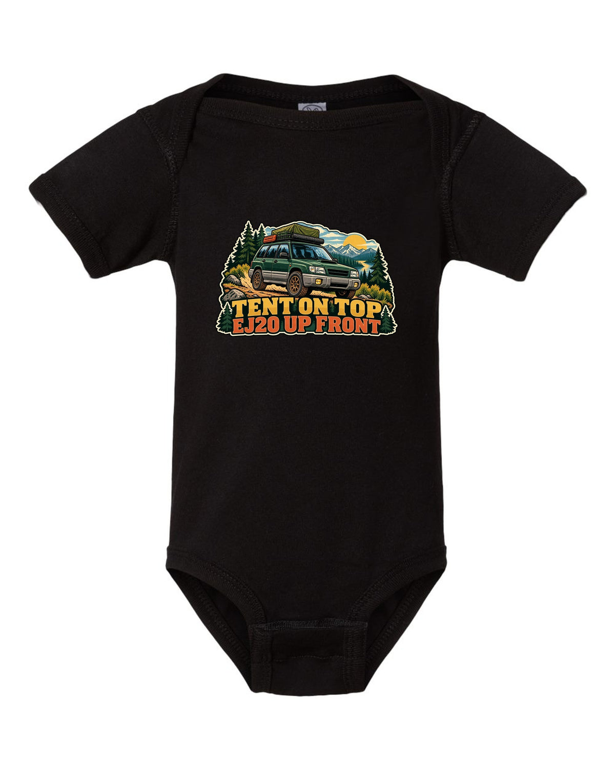 Vintage national park poster illustration of a Subaru Forester SF5 with a roof tent black baby onesie front view with the design