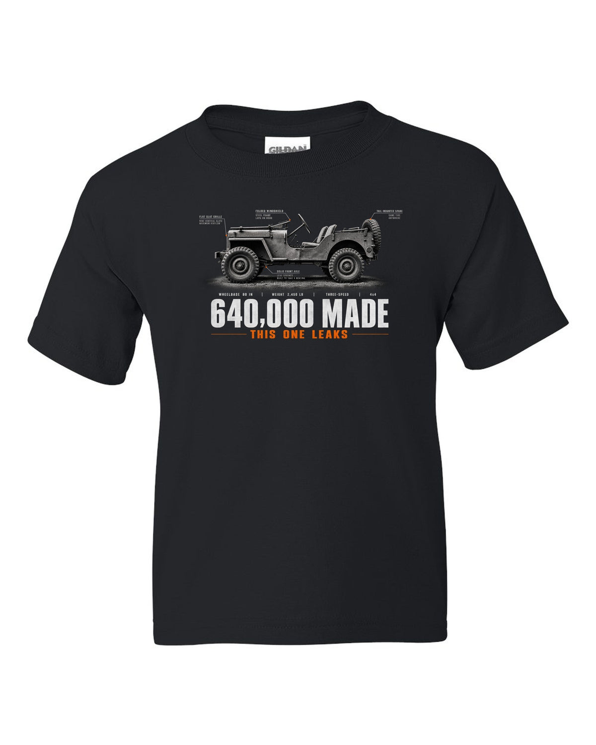Spec poster print for the Willys MB and Ford GPW, 640,000 made black kids tee front view with the design