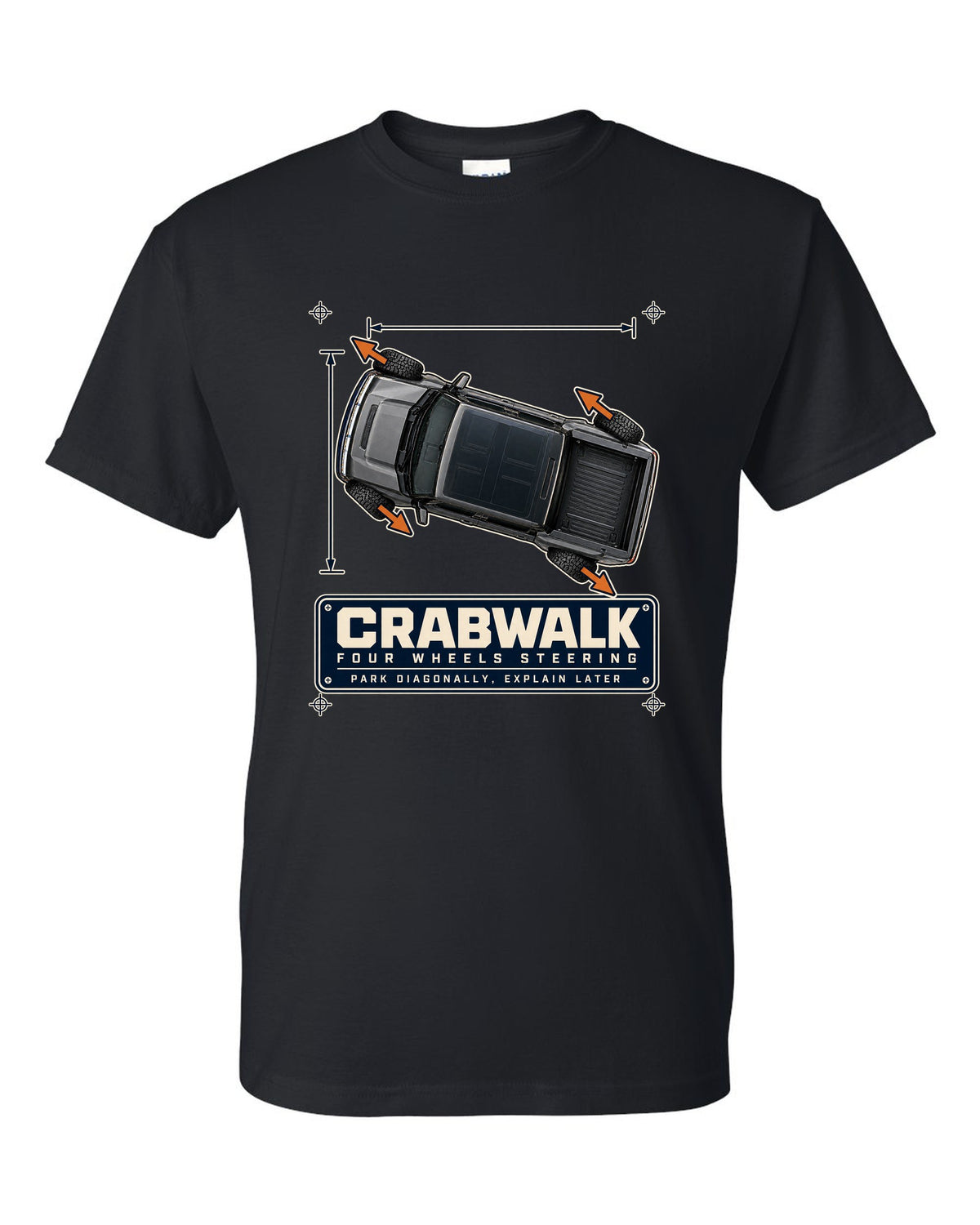 Top-view dimension blueprint print of a Hummer EV pickup showing CrabWalk diagonal steering black t-shirt front view with the design