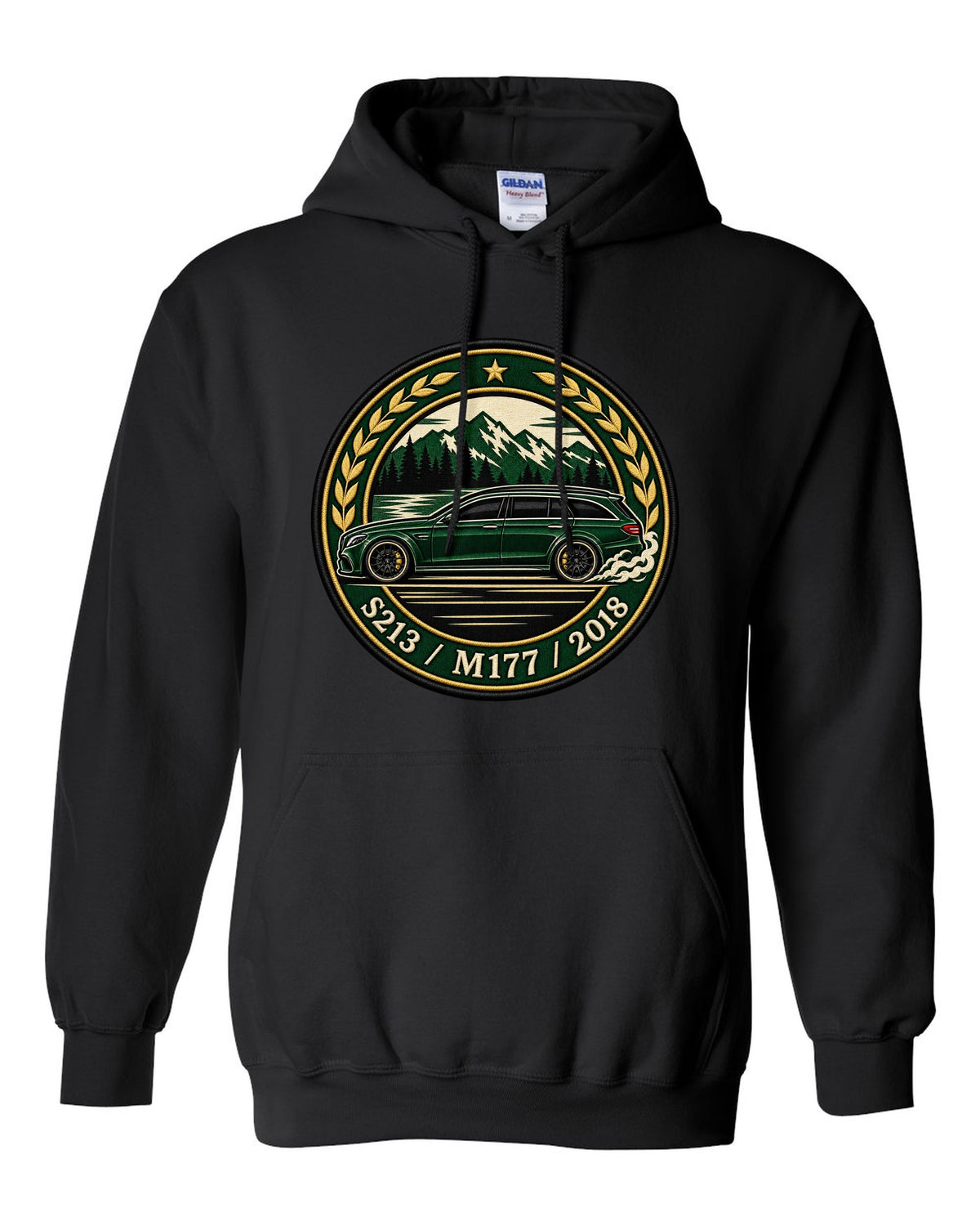 Embroidery-style varsity crest of a Mercedes E63 AMG Wagon S213 with M177 black pull over hoodie front view with the design