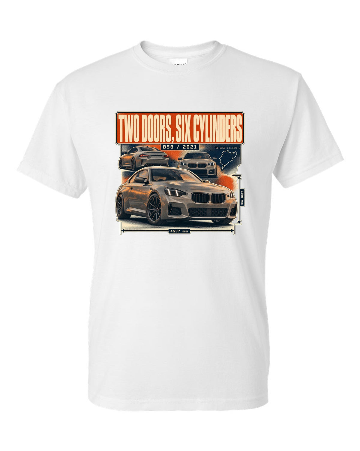 BMW M240i G42 coupe magazine-style editorial headline print white t-shirt front view with the design