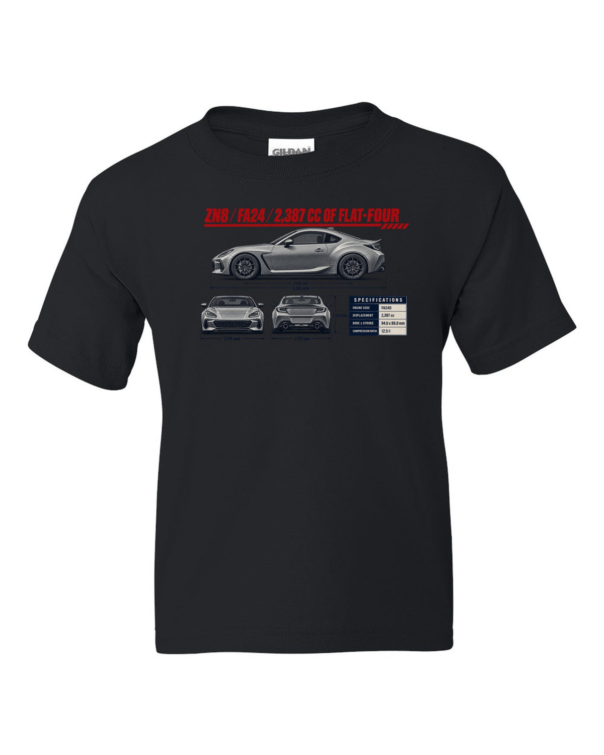 Three-view drawing with spec table of a Toyota GR86 ZN8, poster-style print black kids tee front view with the design