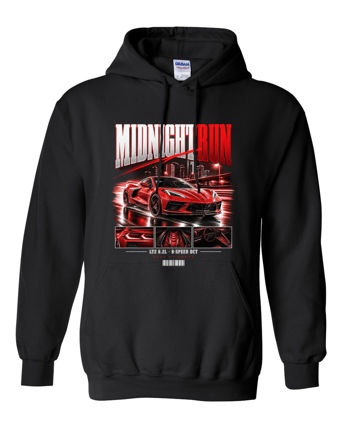 Corvette C8 Stingray 2023 widebody street poster Midnight Run black pull over hoodie front view with the design