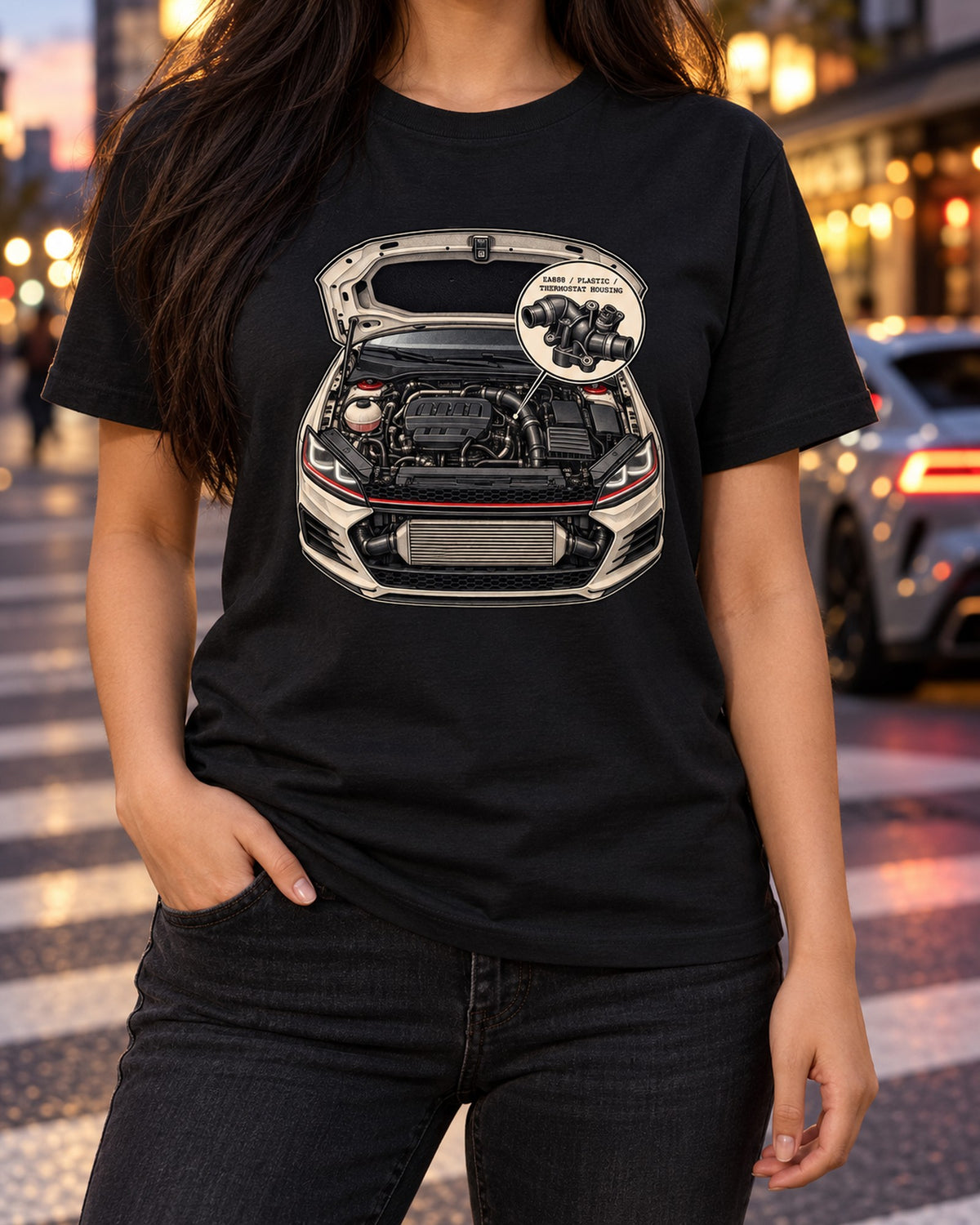 VW Golf GTI Mk7 EA888 Engine Bay Patent Drawing Tee T-Shirt Black worn hero