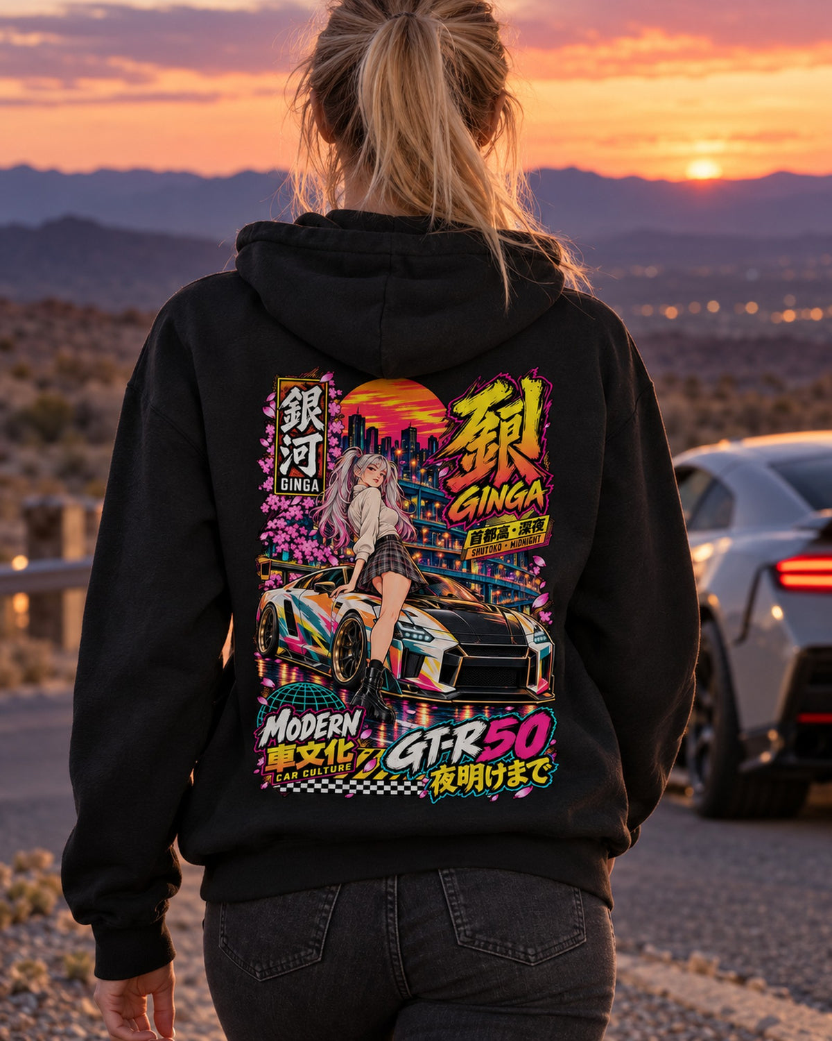 GINGA GT-R50 Anime Girl Full-Back Graphic Tee Pull Over Hoodie Black worn hero