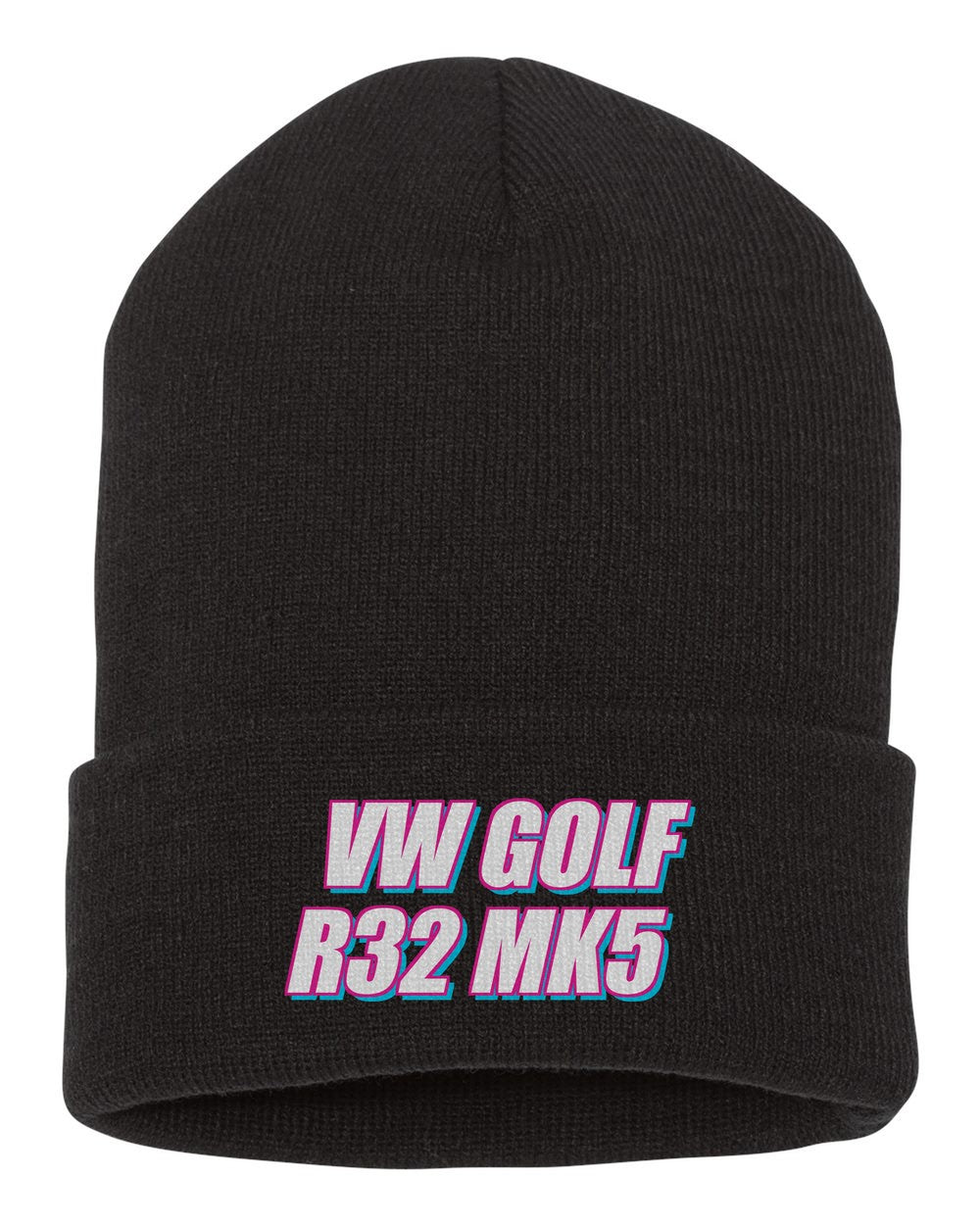 Vw Golf R32 Mk5 black beanie front view with car name