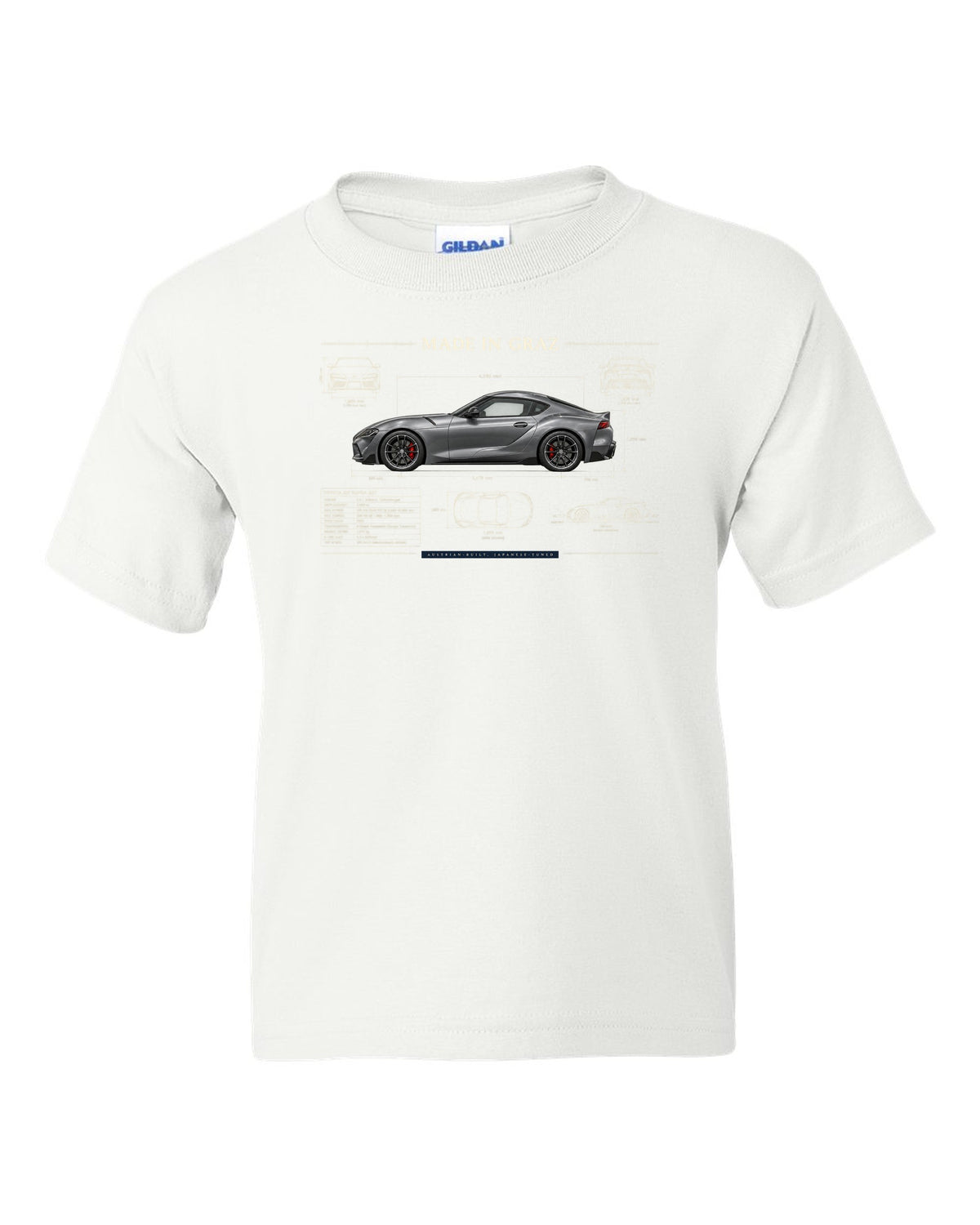 Steel blue Toyota GR Supra 3.0 with aero airflow callouts and 50:50 weight text white kids tee front view with the design