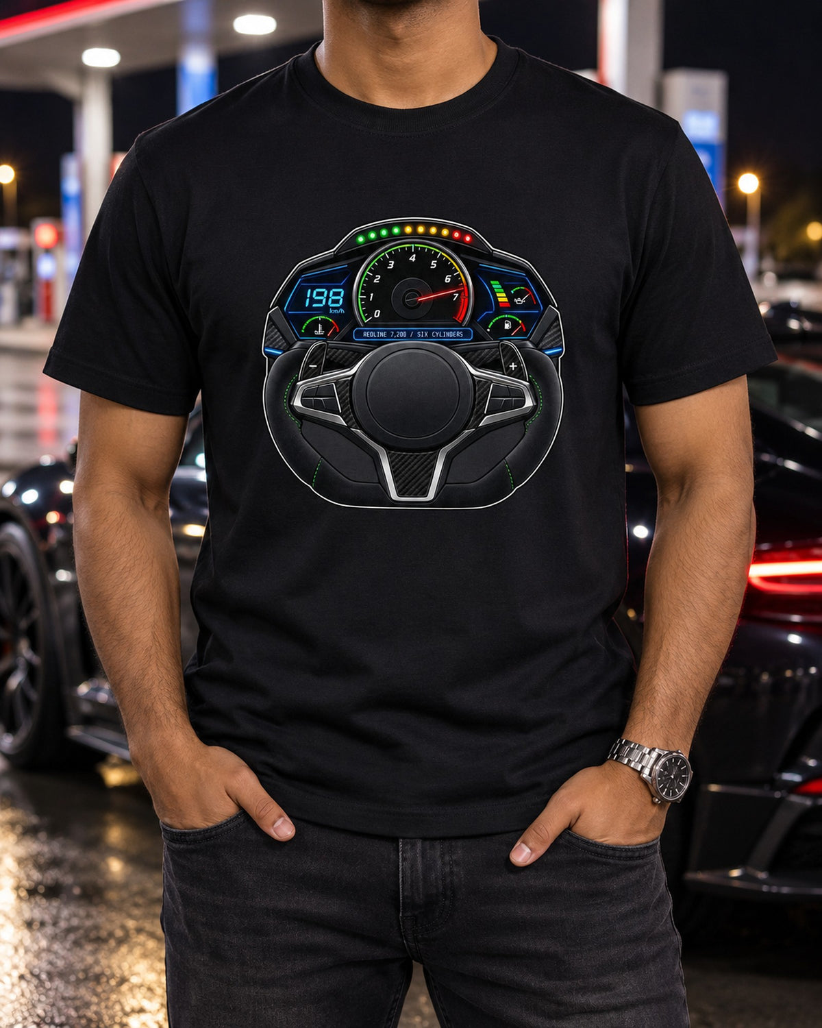 BMW G80 M3 Redline Gauge Cluster Shirt, Six Cylinders T-Shirt Black worn hero