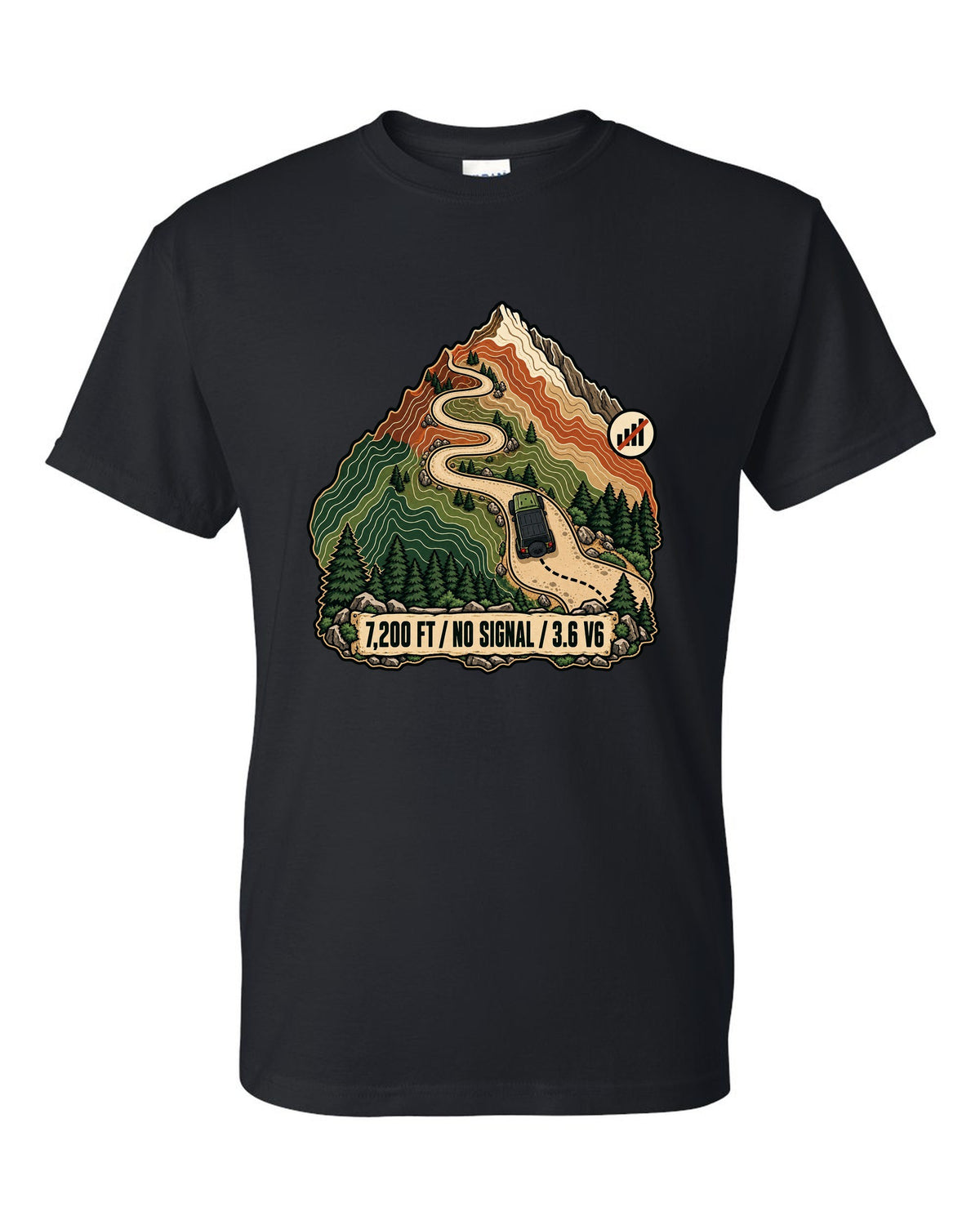 Topographic route map illustration of mountain switchbacks for a Jeep Wrangler JK with 7,200 FT NO SIGNAL 3.6 V6 lettering black t-shirt front view with the design