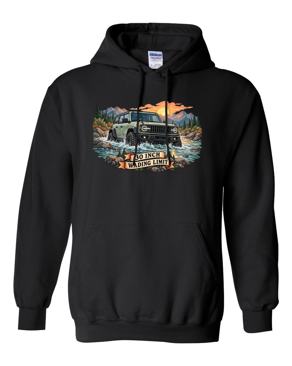 Jeep Wrangler JLU watercolour river crossing at sunrise with 30 inch wading limit text black pull over hoodie front view with the design