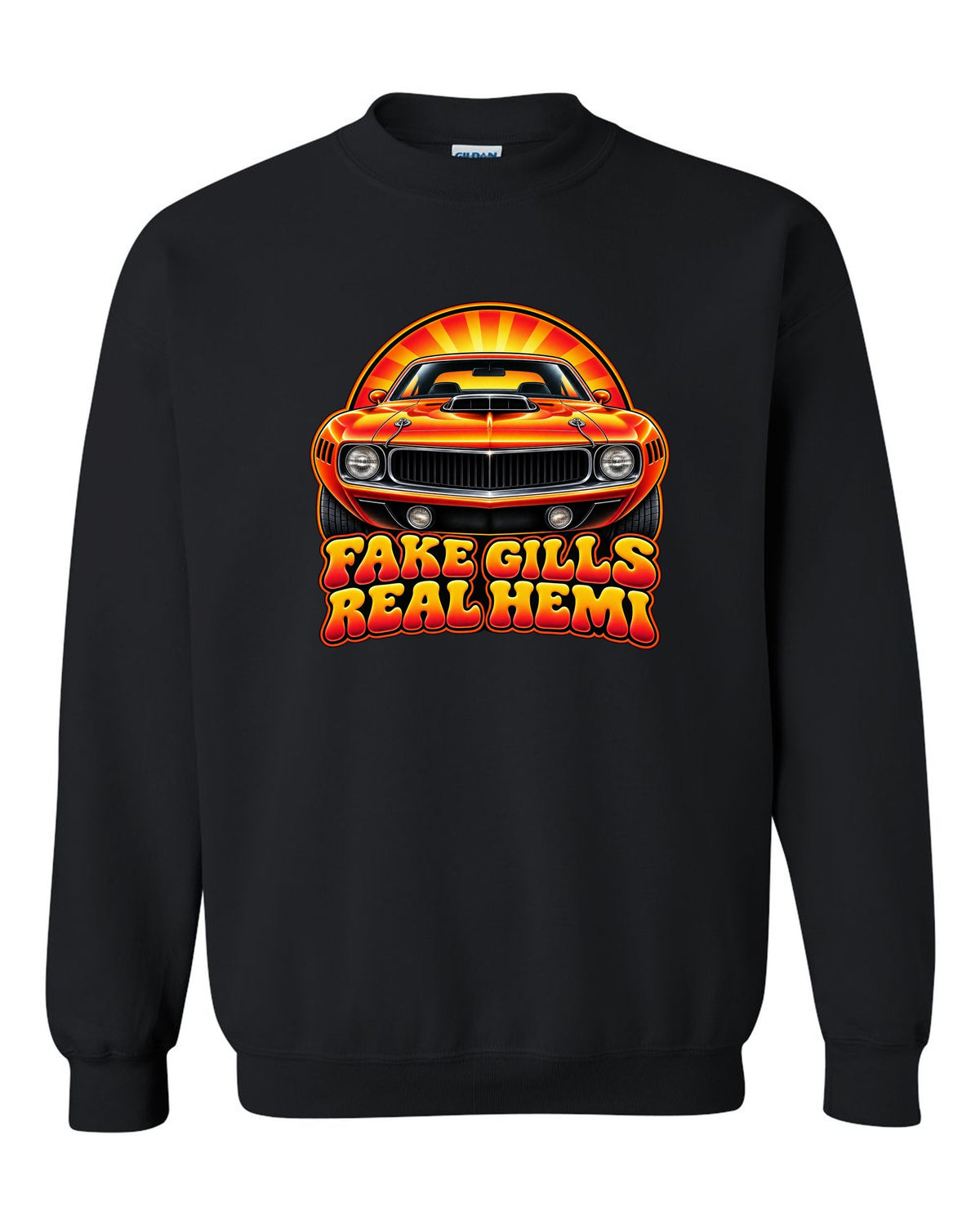 Retro 70s airbrush sunburst design with a 1970 Plymouth Hemi Cuda and fake gills real Hemi text black crewneck front view with the design