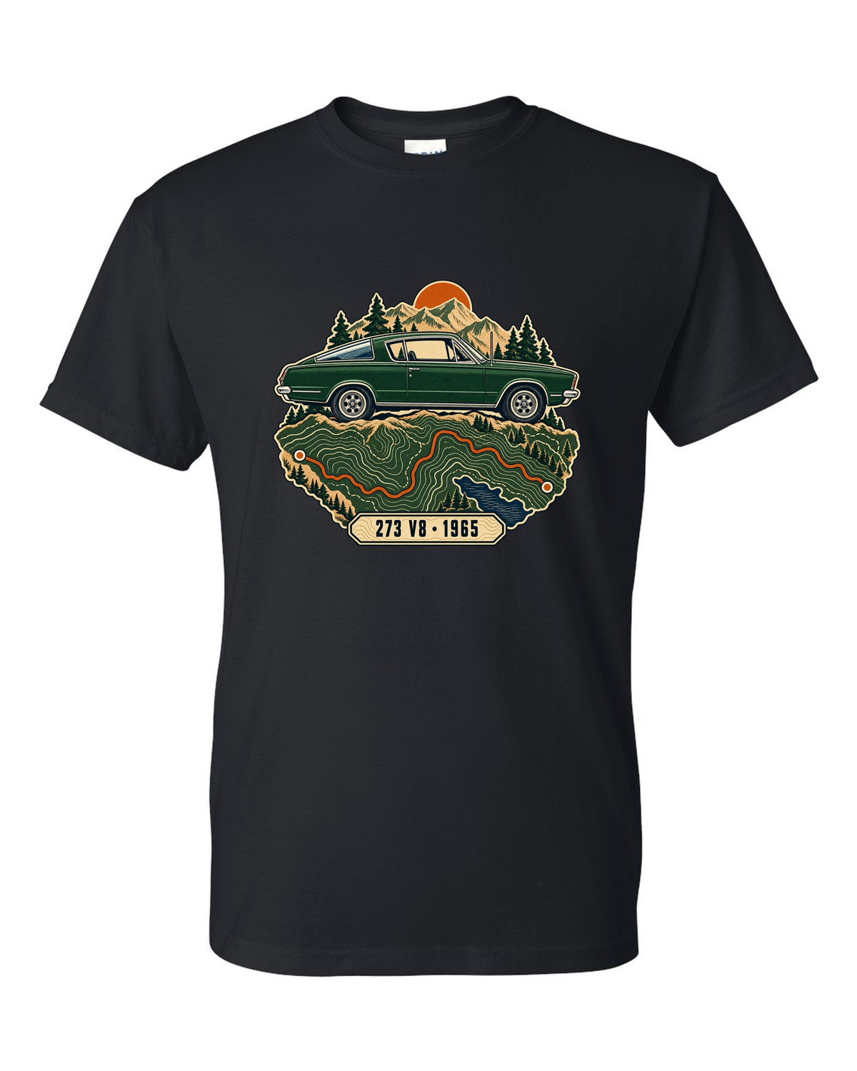 Topographic route map design with a 1965 Plymouth Barracuda fastback and 273 V8 lettering black t-shirt front view with the design