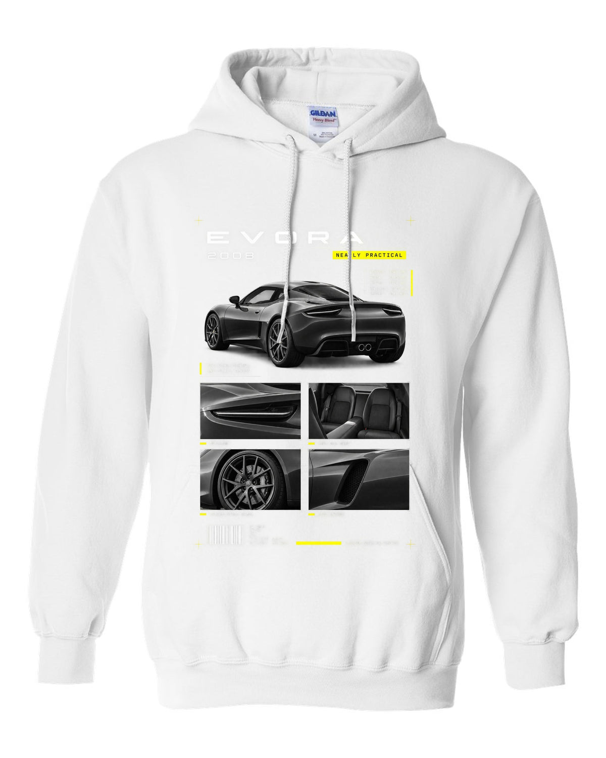 Lotus Evora 2008 dossier panels print white pull over hoodie front view with the design