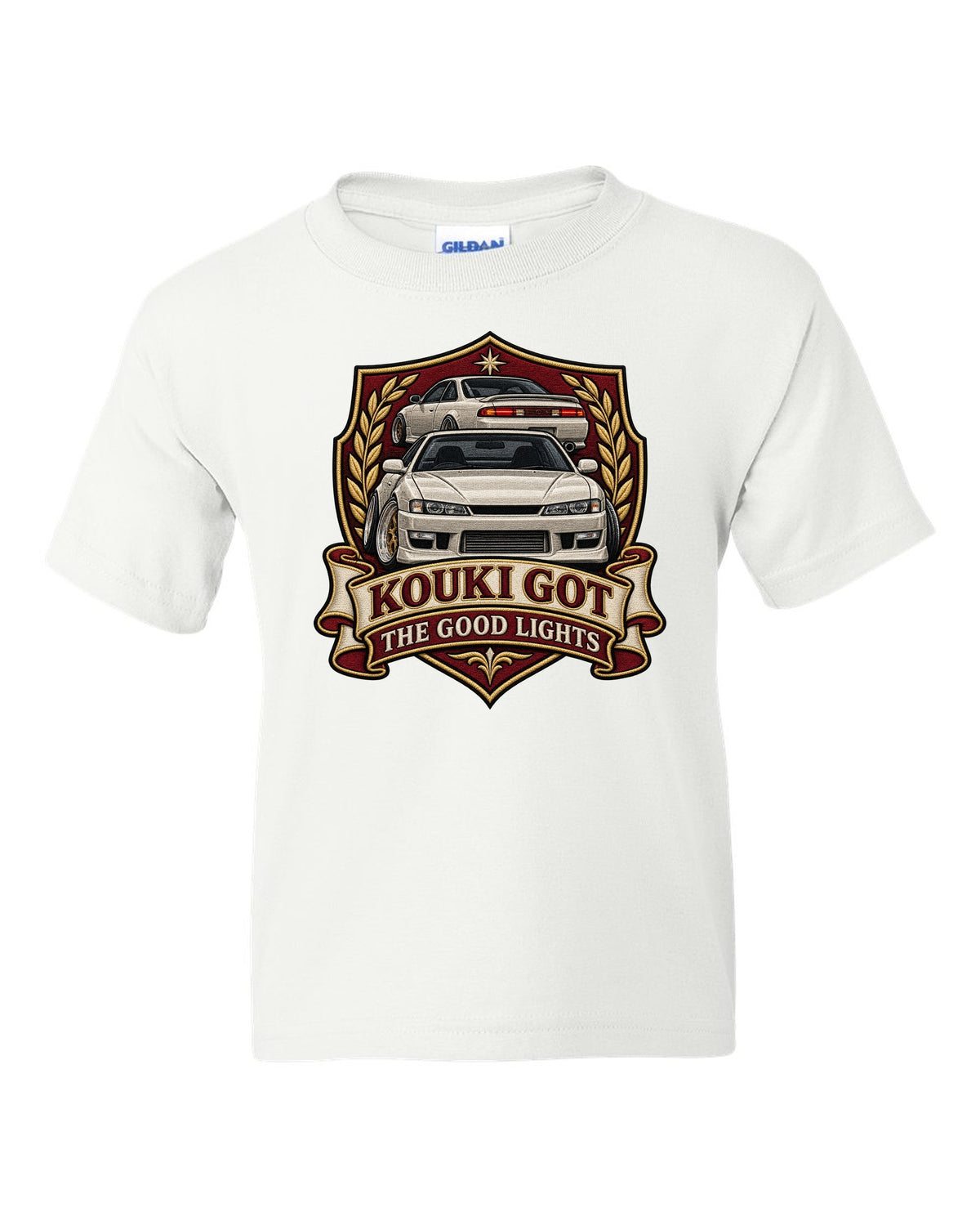Embroidered shield crest print for the Nissan Silvia S14 kouki reading Kouki Got the Good Lights white kids tee front view with the design