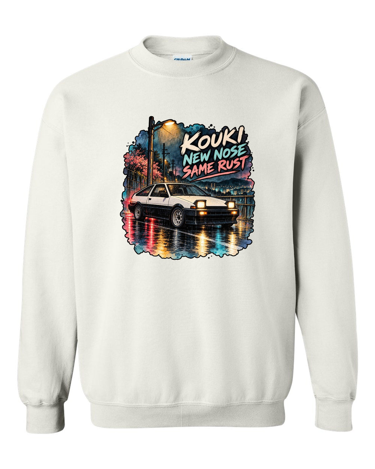 Watercolour wet street night scene with the Toyota AE86 Sprinter Trueno kouki white crewneck front view with the design