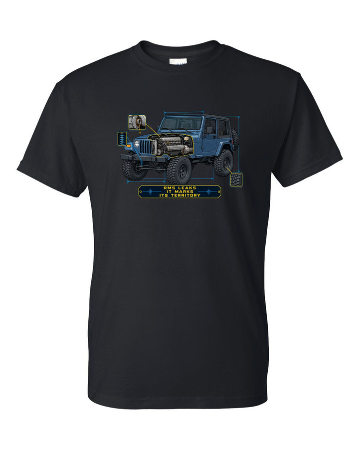 Blueprint style engine cutaway of a Jeep Wrangler TJ with RMS LEAKS IT MARKS ITS TERRITORY lettering black t-shirt front view with the design