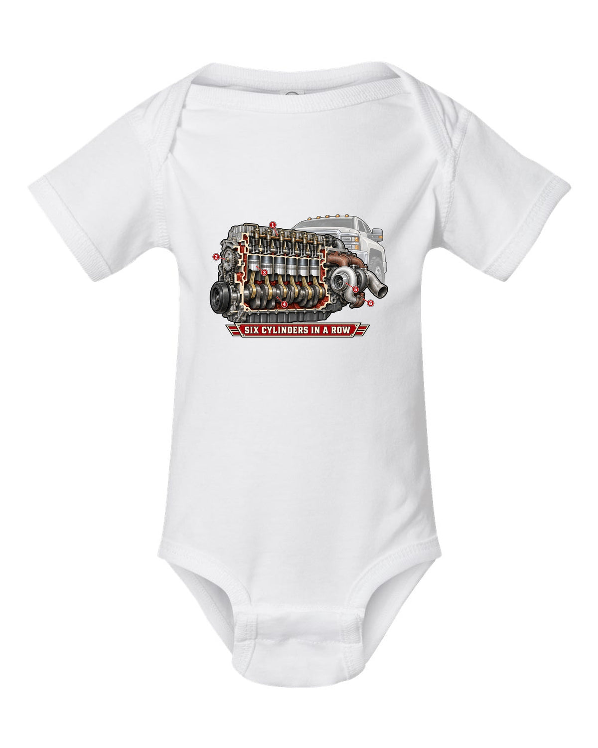 Cutaway diagram print of an inline-six diesel engine from a Dodge Ram 2nd gen with six cylinders in a row text white baby onesie front view with the design