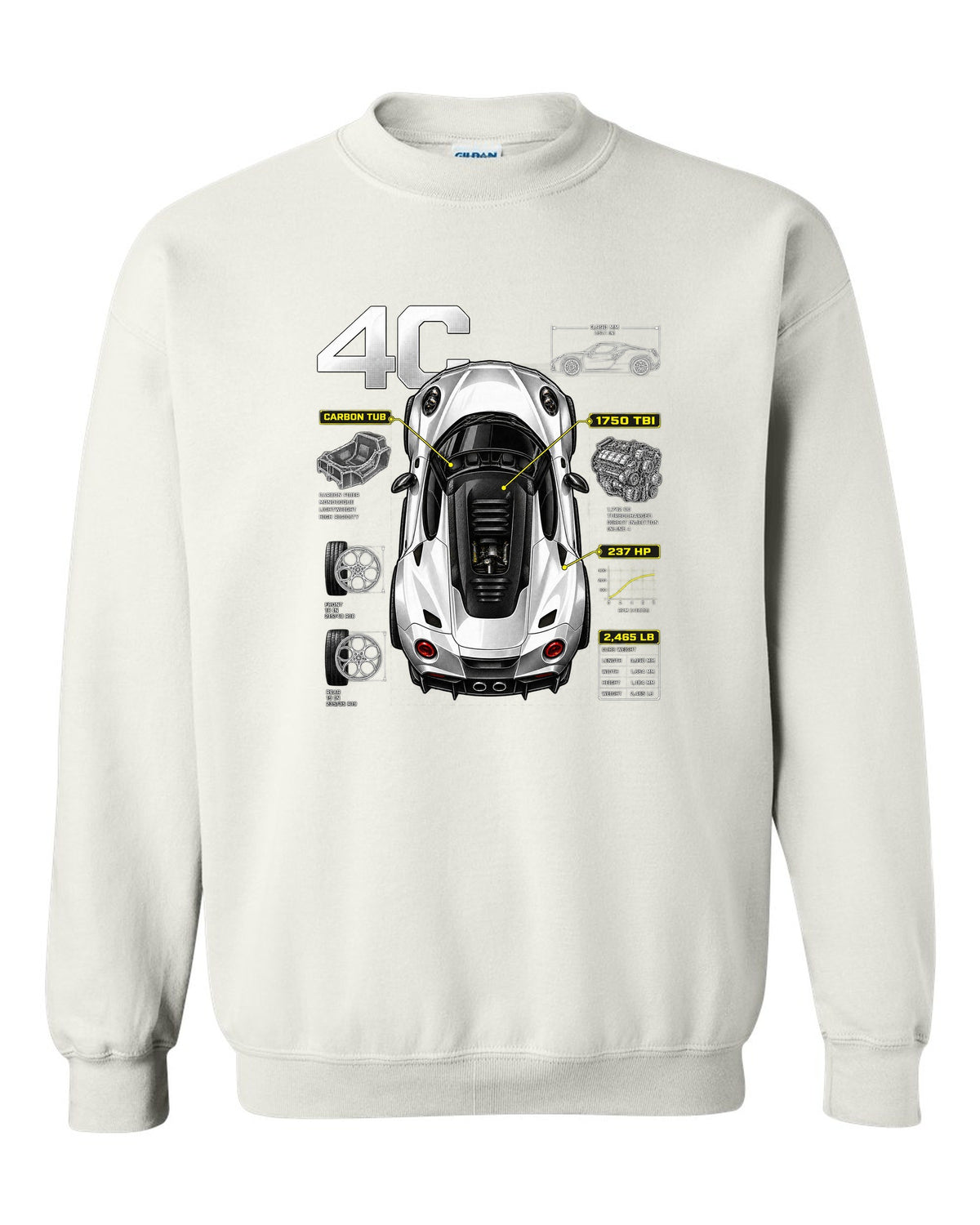 Overhead spec poster print of an Alfa Romeo 4C with carbon tub and 237 HP text white crewneck front view with the design
