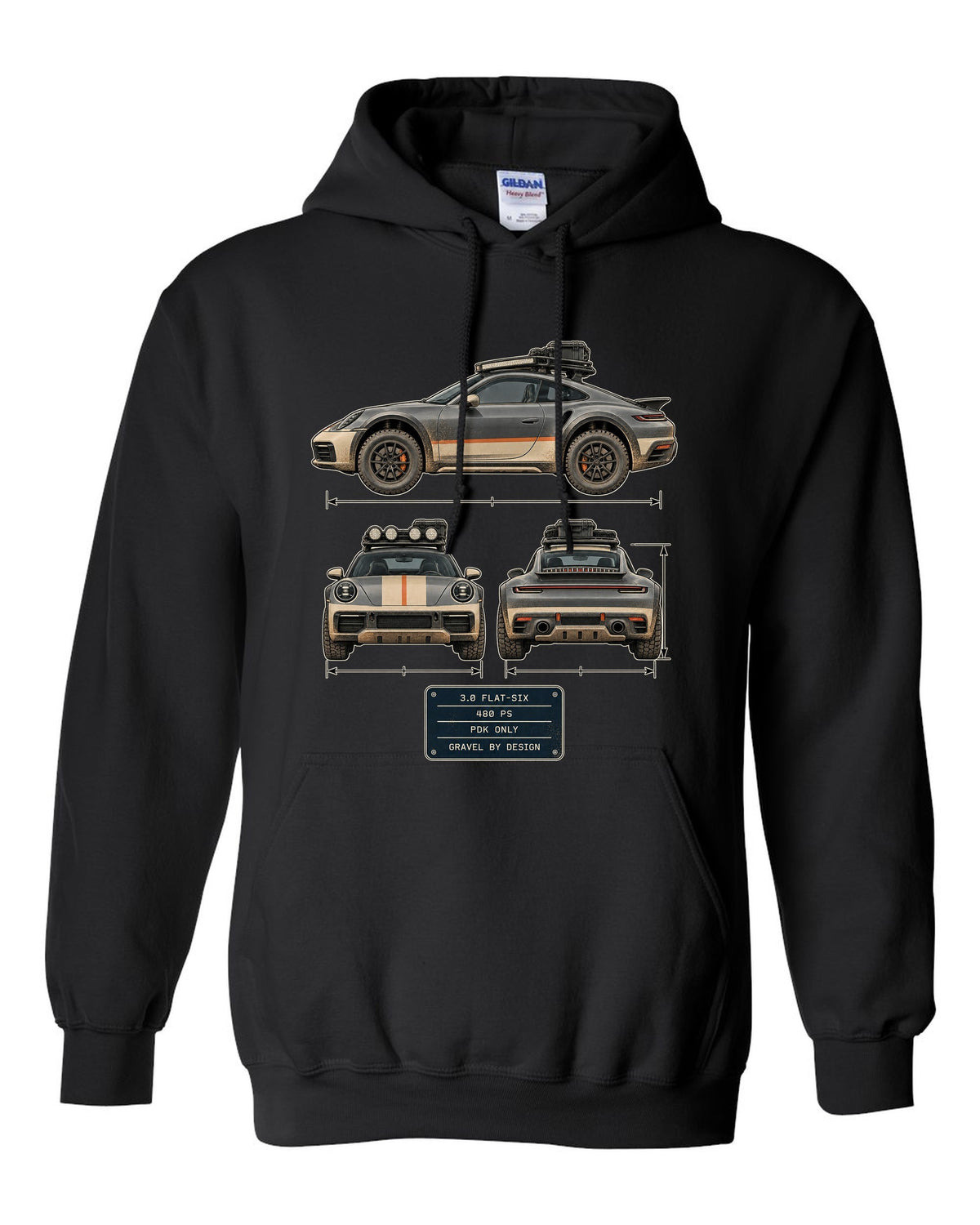 Three-view and spec table print of a Porsche 911 Dakar 992 black pull over hoodie front view with the design