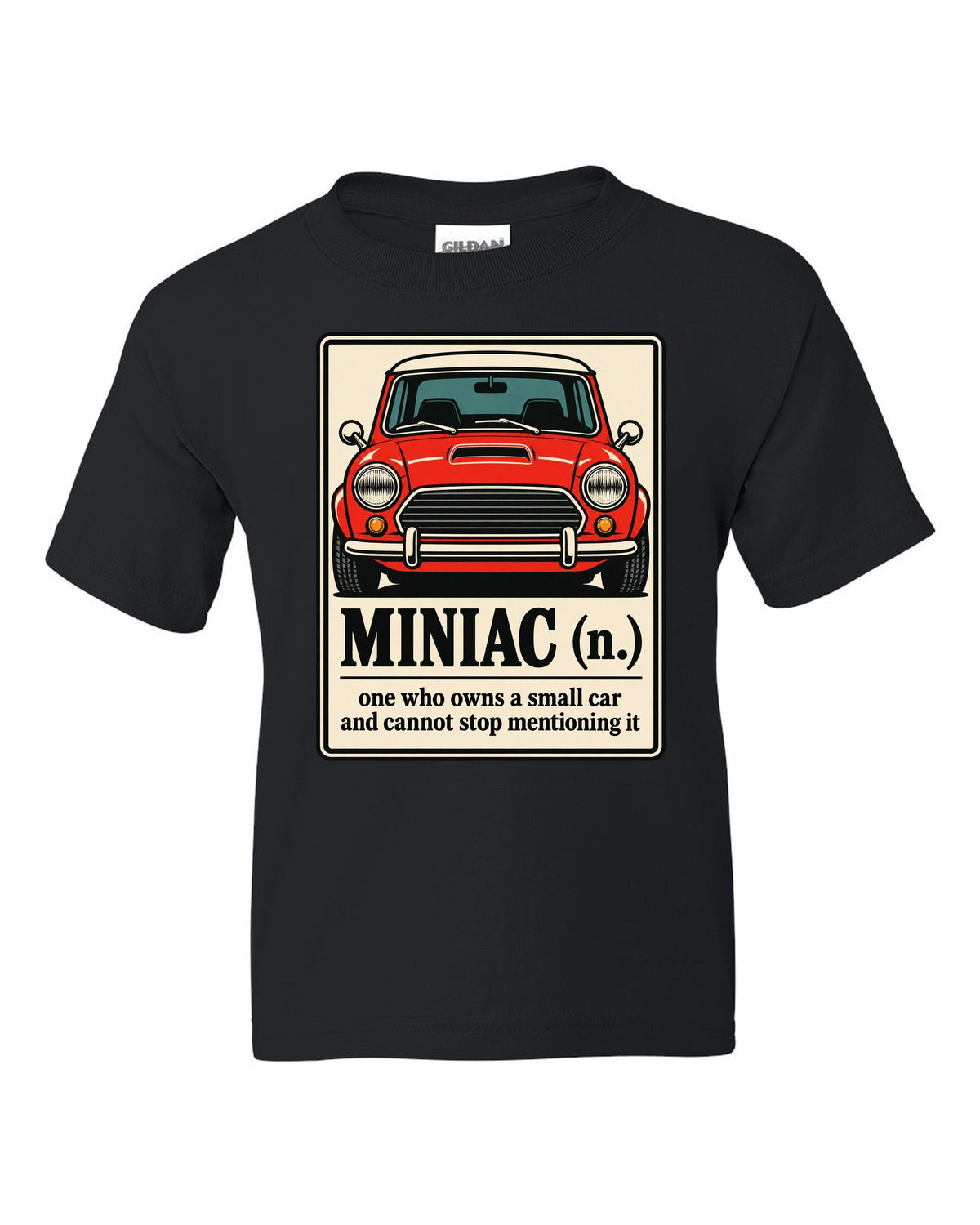 Dictionary definition card for Miniac on a Mini Cooper S R53 shirt black kids tee front view with the design