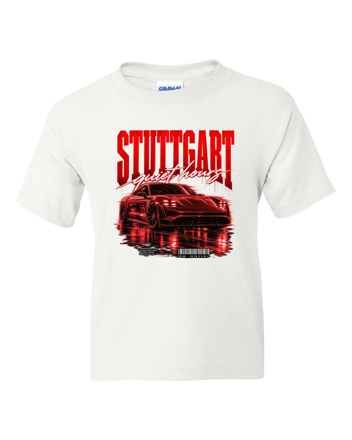 Low widebody Porsche Taycan Turbo S 9J1 street poster with Stuttgart coordinates white kids tee front view with the design