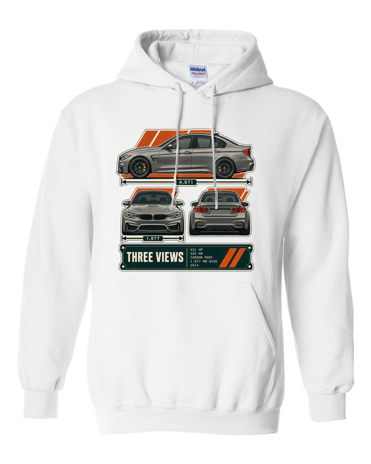 BMW M3 F80 three-view drawing with spec table print white pull over hoodie front view with the design