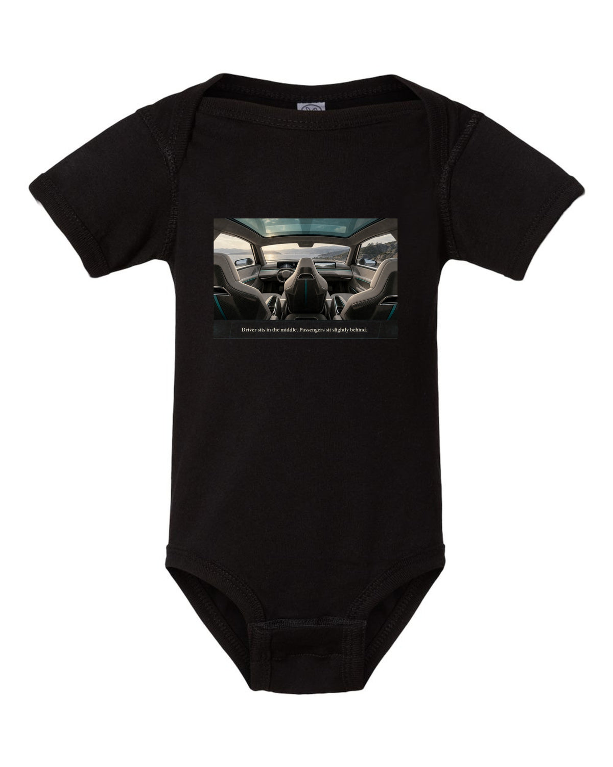 Cockpit print of a McLaren Speedtail interior with a centre driving seat black baby onesie front view with the design