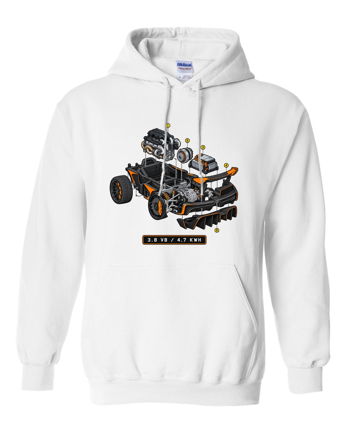 Exploded isometric cutaway print of the McLaren P1 with 3.8 V8 and 4.7 kWh lettering white pull over hoodie front view with the design