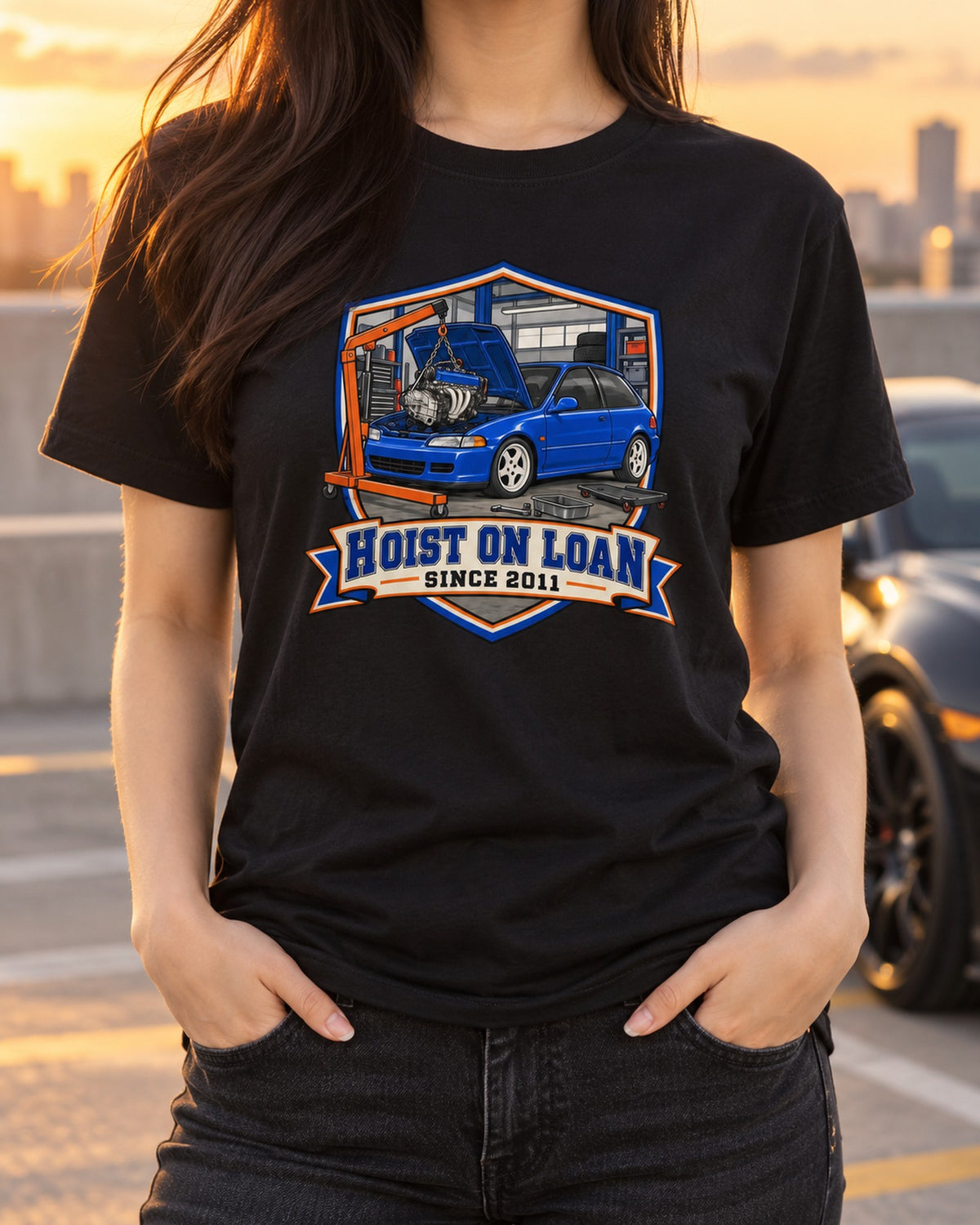 Honda Civic EG6 Embroidery Patch Style Tee, Hoist on Loan T-Shirt Black worn hero