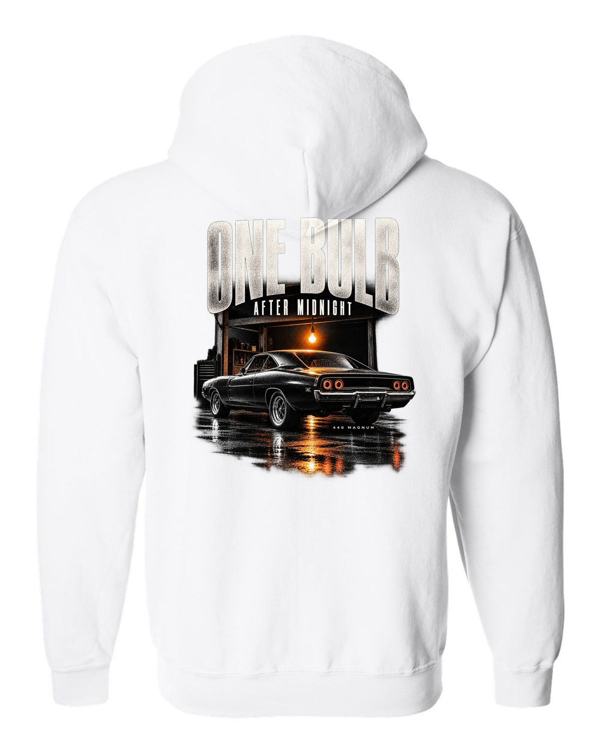 1969 Dodge Charger R/T B-body garage night print with one bulb after midnight lettering white zip hoodie back view with the design