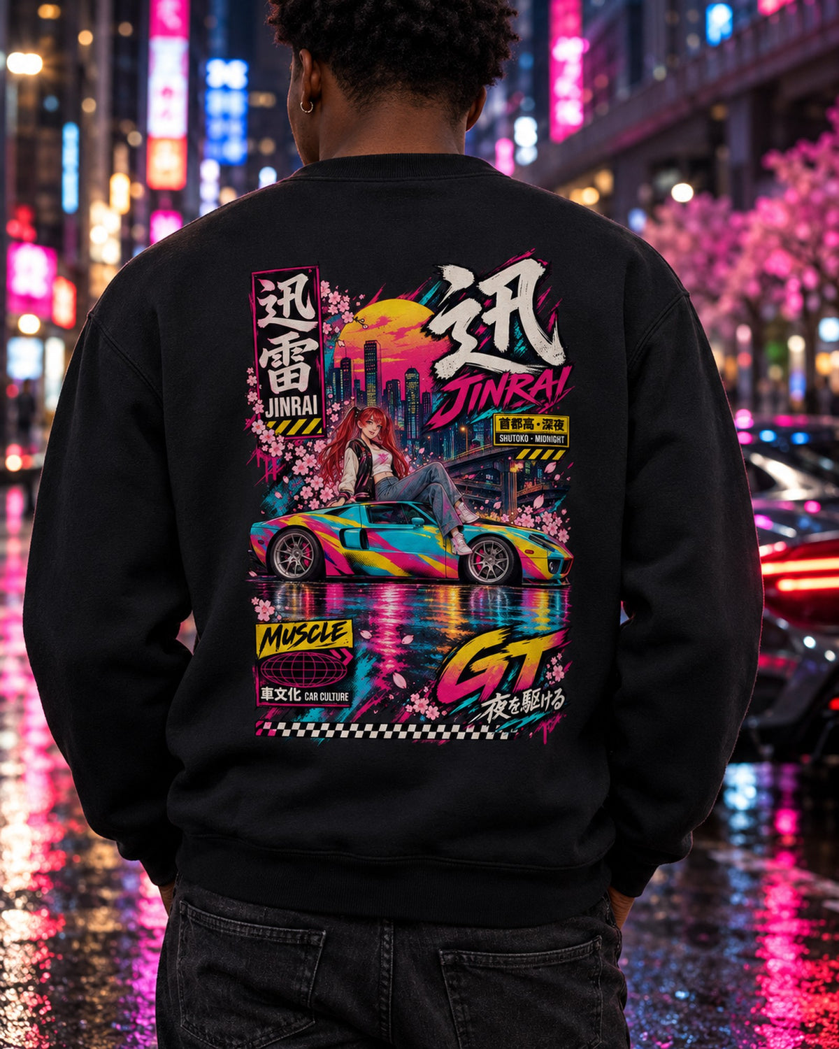JINRAI GT Anime Girl Full-Back Graphic Tee Crewneck Black worn hero