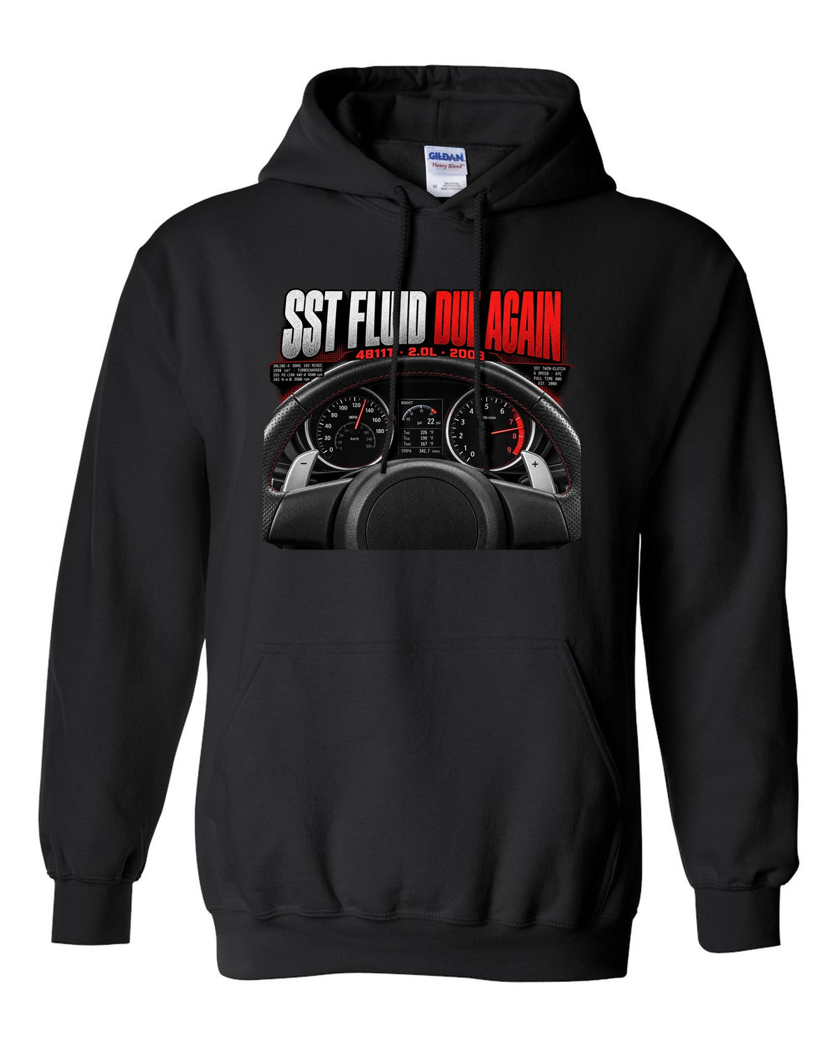 Mitsubishi Lancer Evolution X cockpit gauge print with SST fluid reminder text black pull over hoodie front view with the design