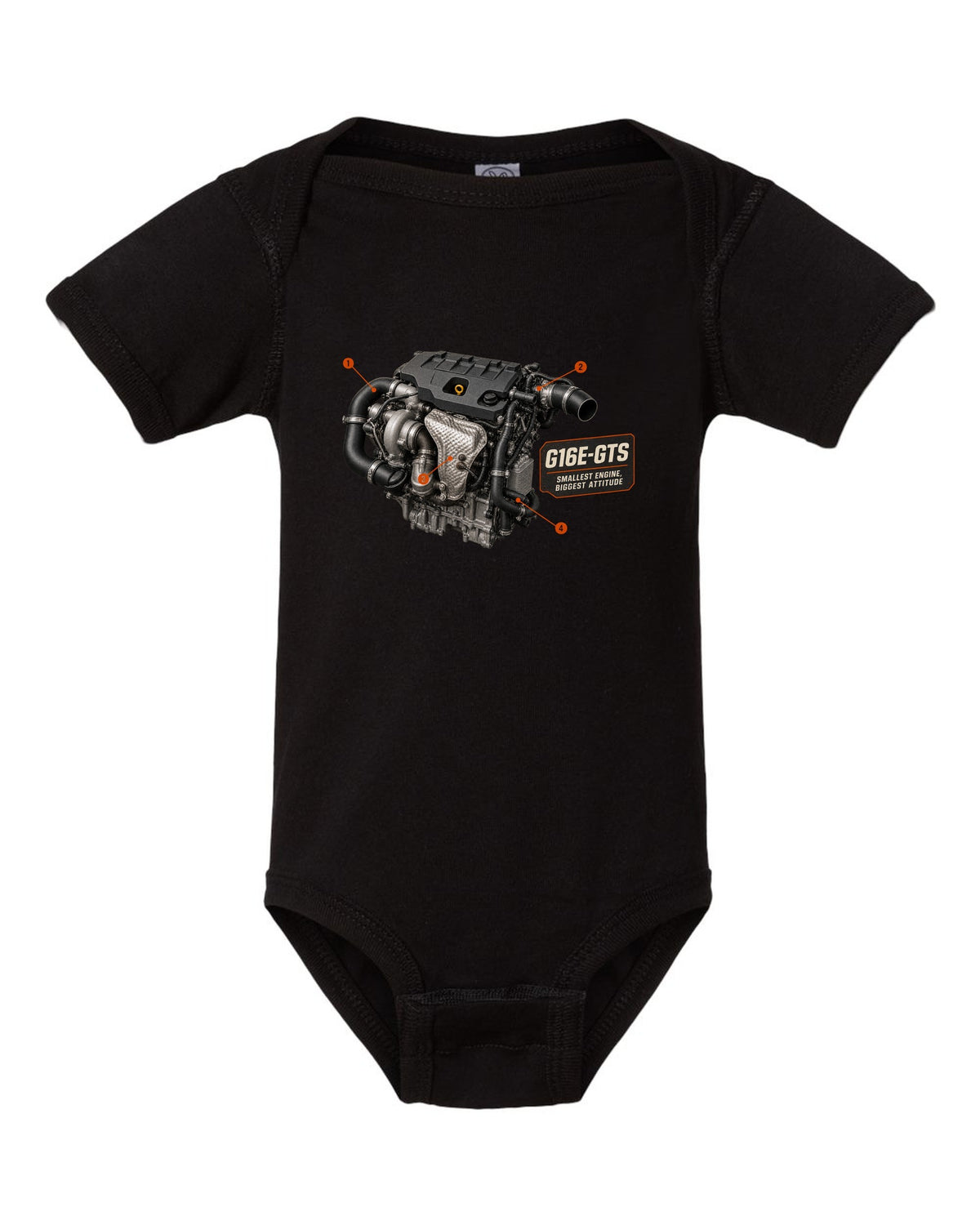 Toyota GR Yaris GR-Four rear three-quarter dossier panel design black baby onesie front view with the design
