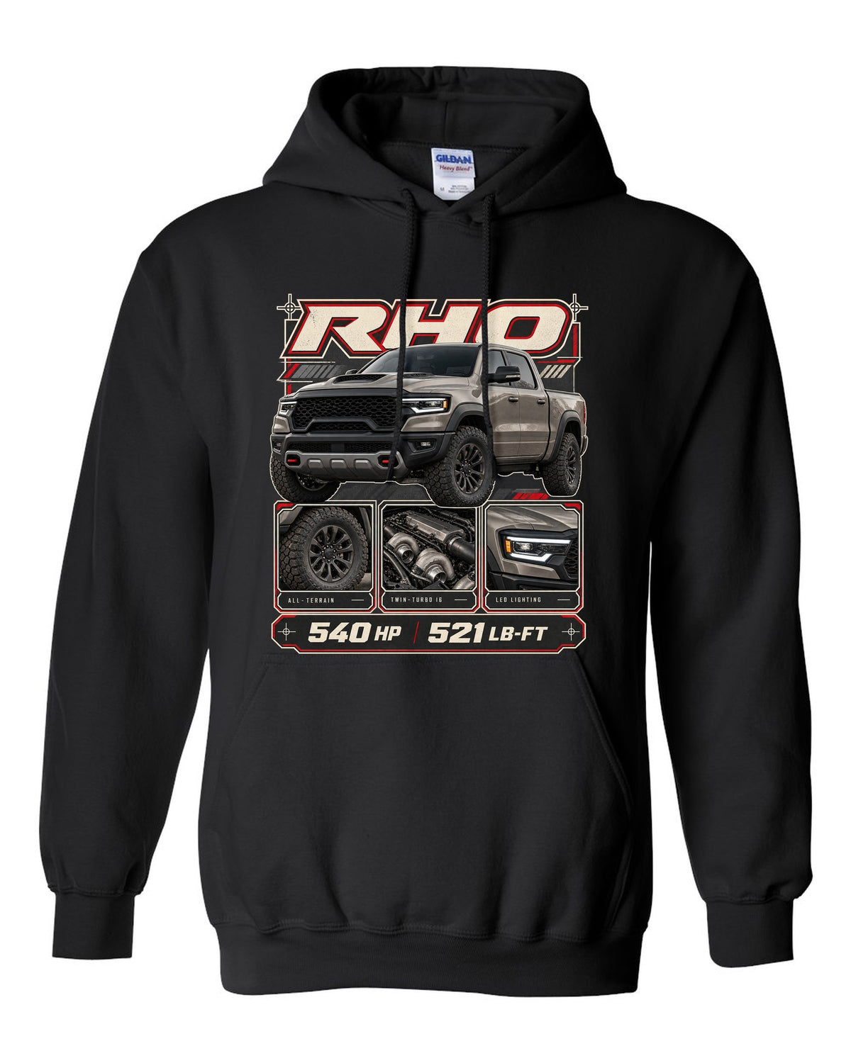 Ram 1500 RHO 2025 dossier panels with horsepower and torque print black pull over hoodie front view with the design