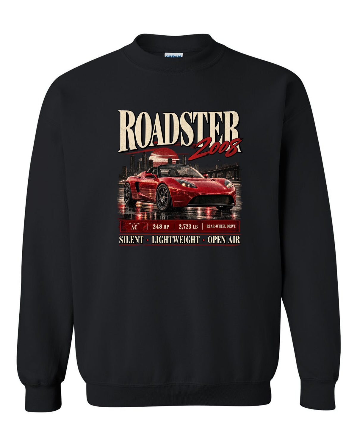 Tesla Roadster Gen 1 2008 archive panel with AC motor, 248 HP, 2,723 lb and rear-wheel drive black crewneck front view with the design