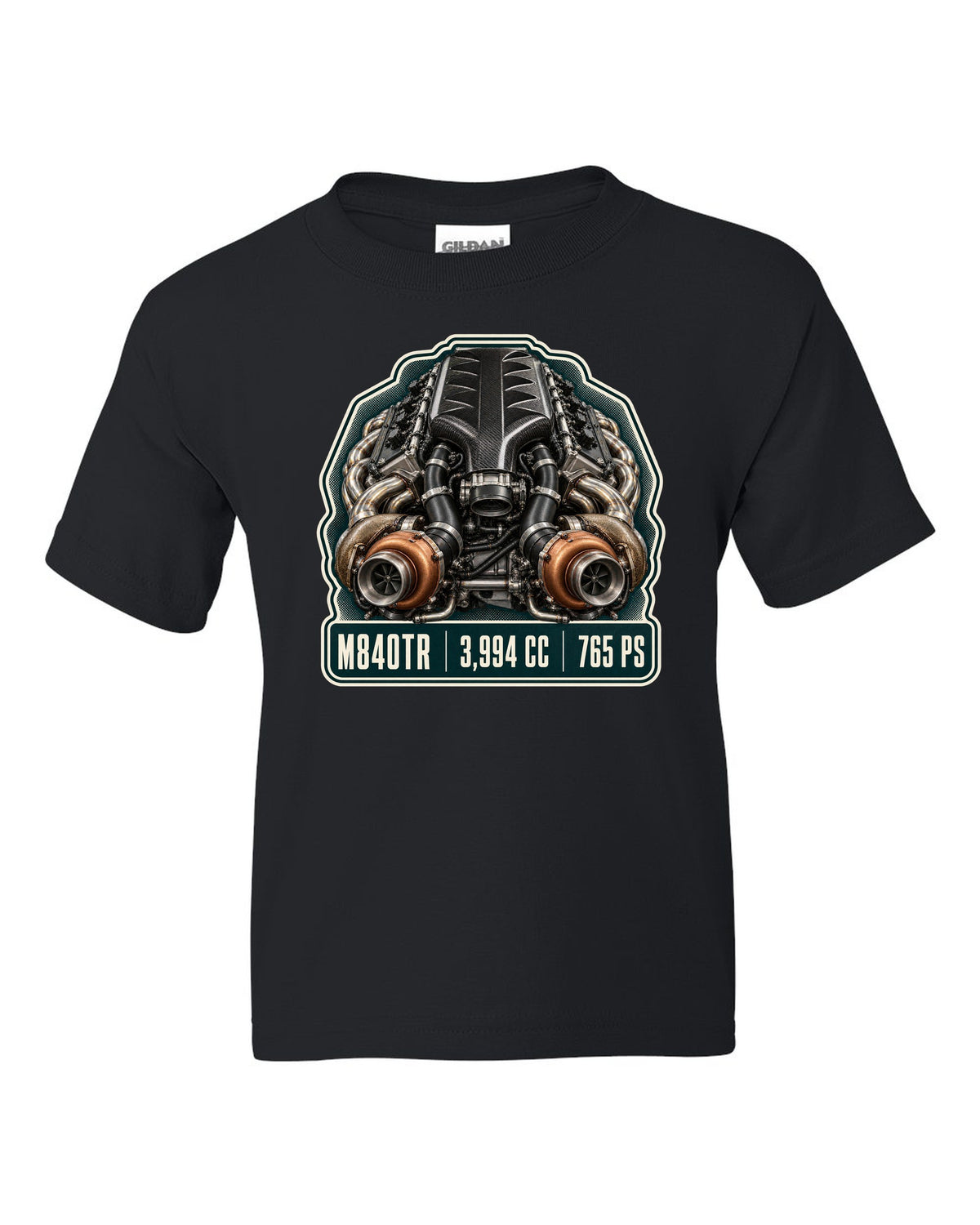 Engine hero print of the McLaren 765LT M840TR V8 black kids tee front view with the design