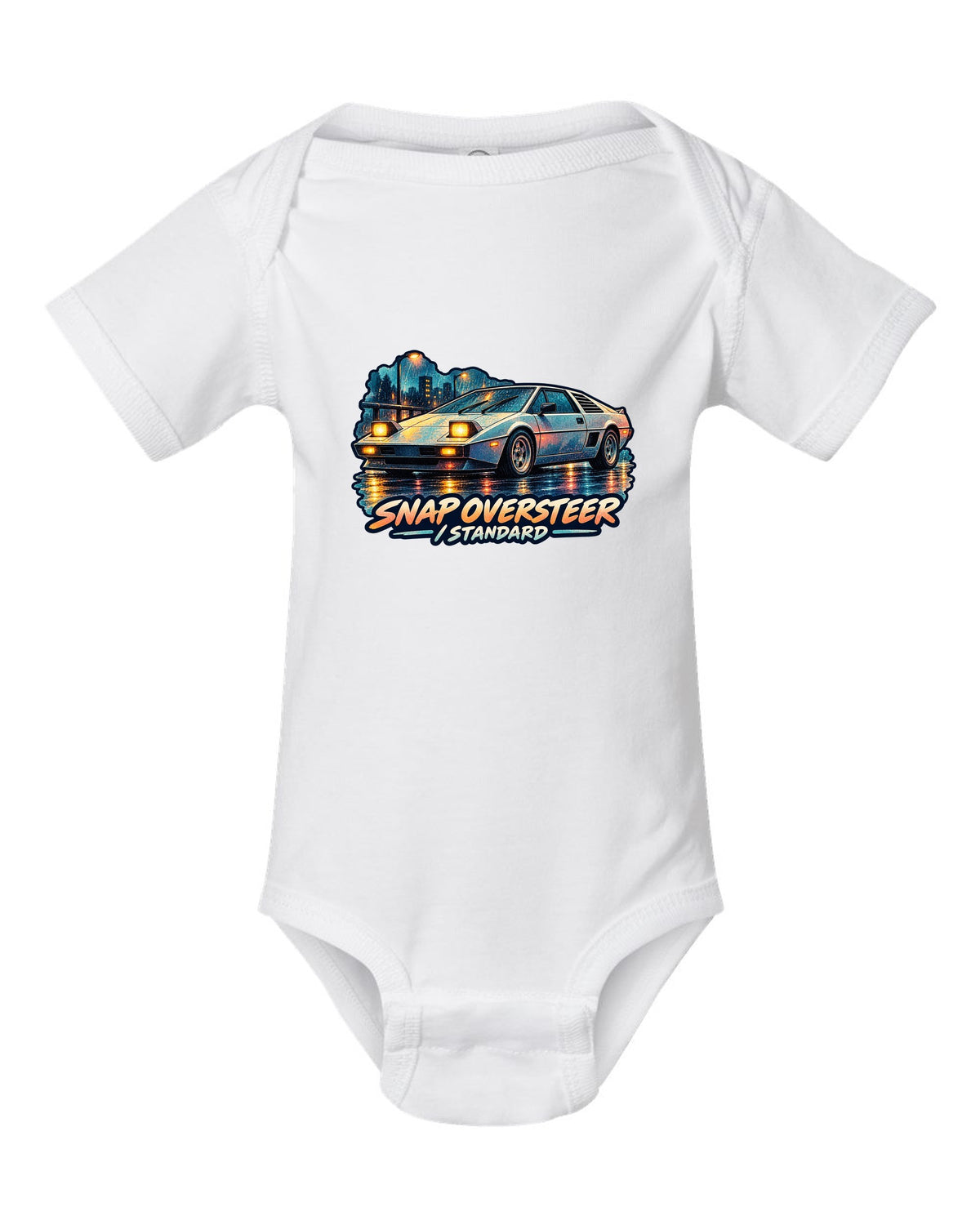Watercolour wash of a Toyota MR2 AW11 driving in rain with oversteer slogan white baby onesie front view with the design