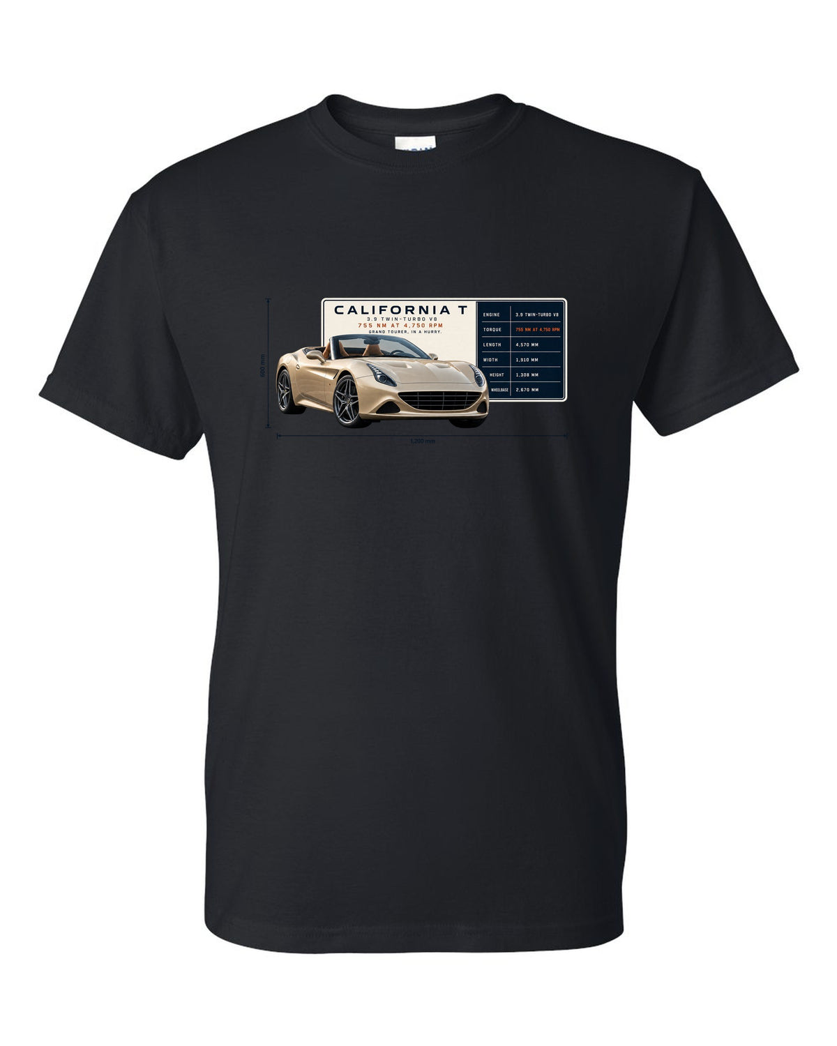 Spec poster print of the Ferrari California T in champagne tones black t-shirt front view with the design