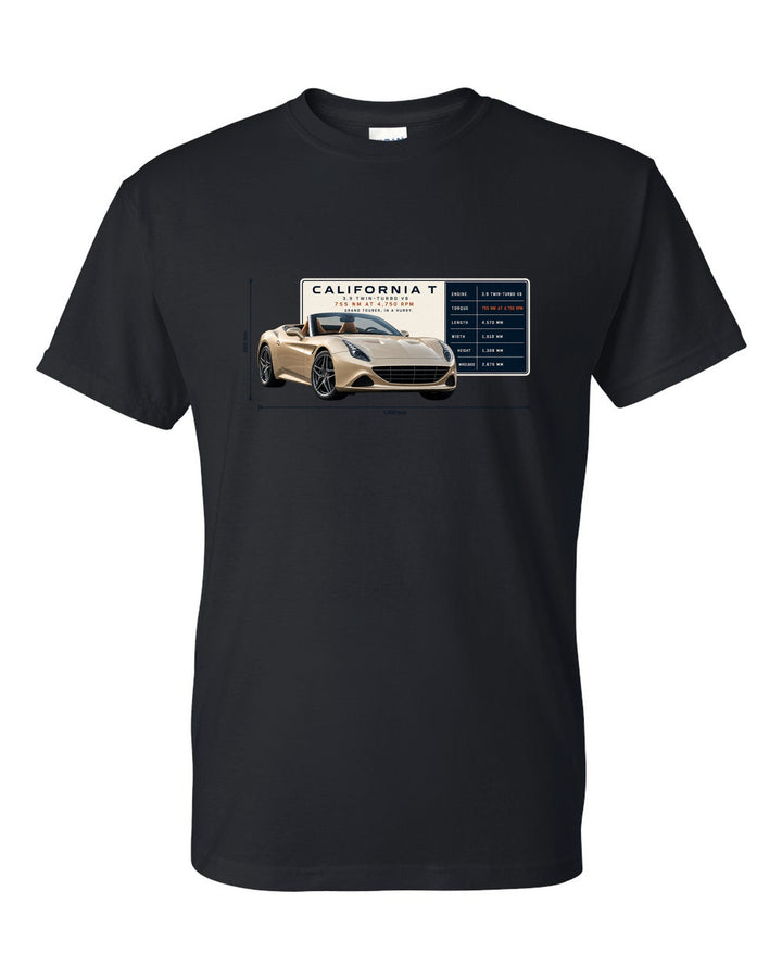 Spec poster print of the Ferrari California T in champagne tones black t-shirt front view with the design